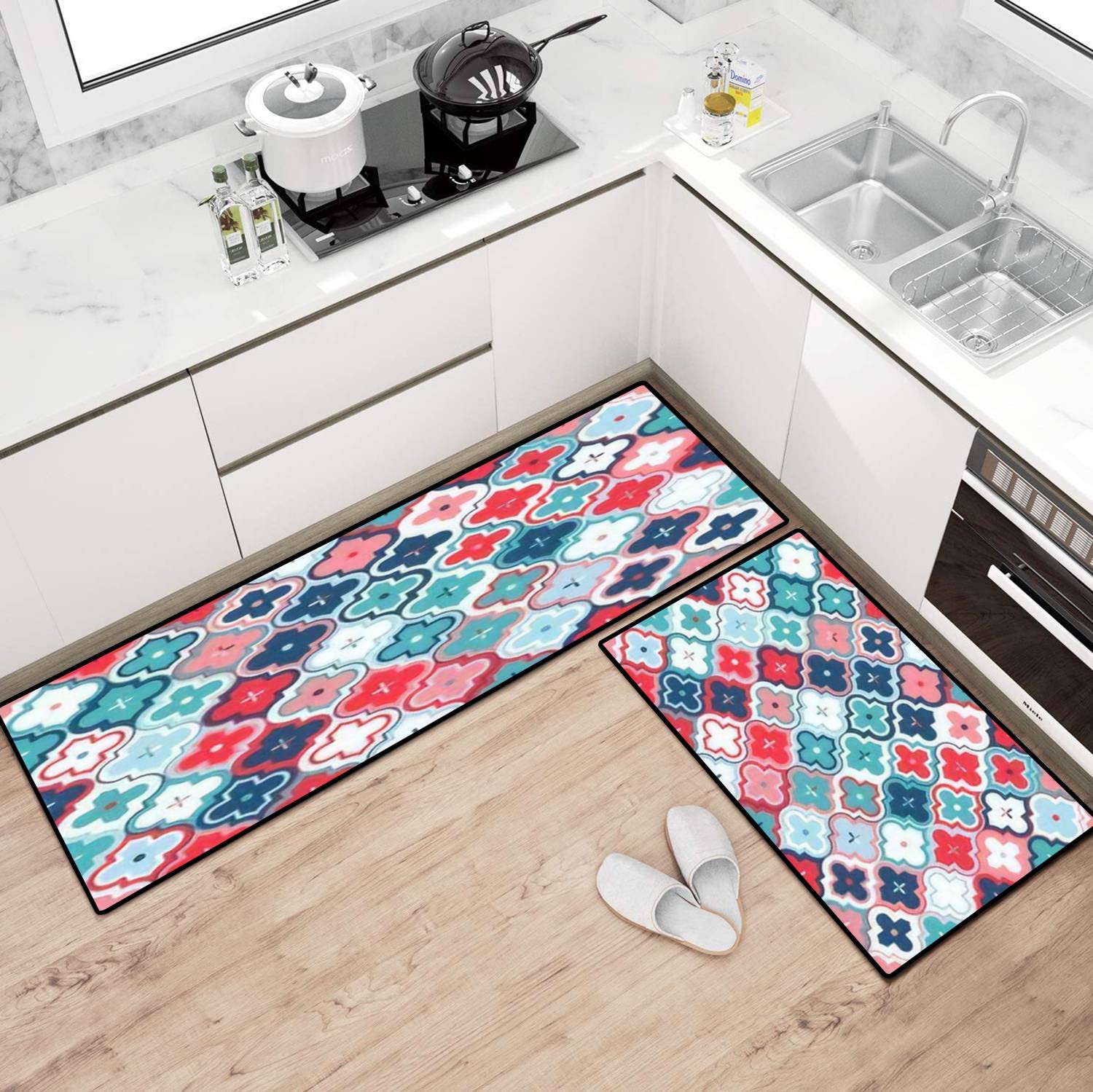 Non-Slip Moroccan Quatrefoil Kitchen Rugs Set - Washable Mosaic Motif Floor Mats for Kitchen, Bathroom & Entryway - Comfort Standing Mats for Home Decor & Anti-Fatigue