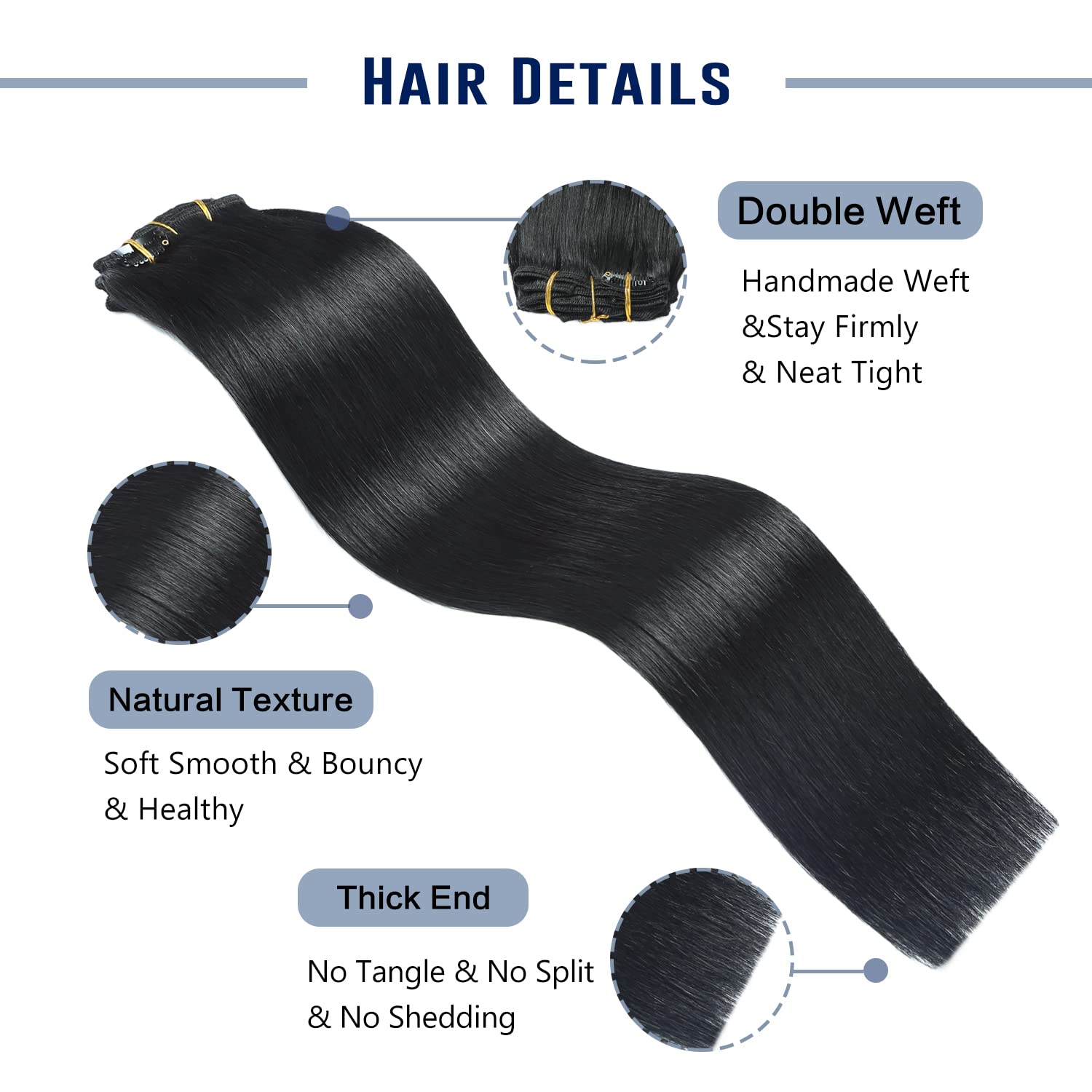 Sunya 18 Inch Clip in Hair Extensions - 8Pcs/120g Double Weft Human Hair Extensions (Jet Black #1) for Straight Hairstyles | Perfect for Parties, Weddings & Daily Styling