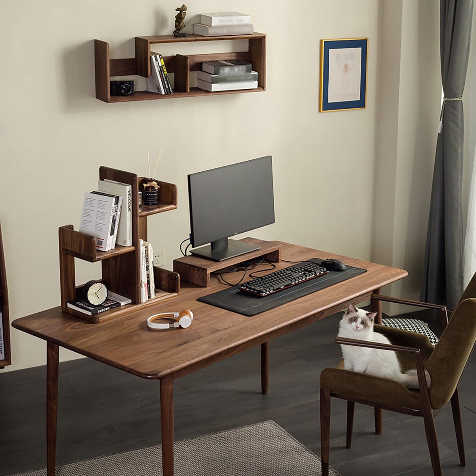 Nordic Solid Wood Desktop Bookshelf - Simple Small Multi-Layer Desk Storage Organizer for Documents, Magazines, Bonsai & Books - Black Walnut & Cherry Wood Home Office Shelf - Perfect for Study, Living Room & Bedroom Storage (Cherry Wood)