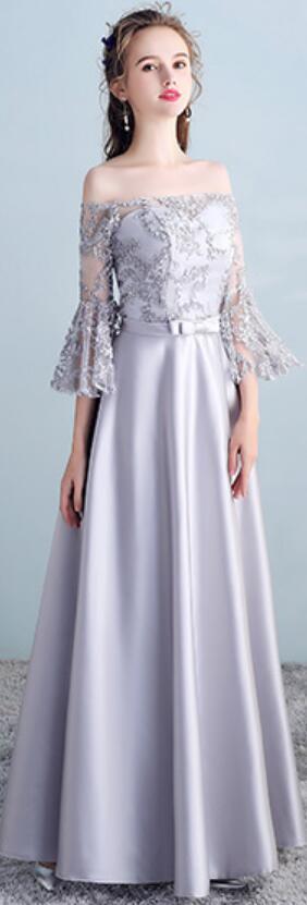 Elegant Gray Long Sleeve Lace Bridesmaid Dress WG502 - Asymmetrical Design for Weddings, Parties & Formal Events