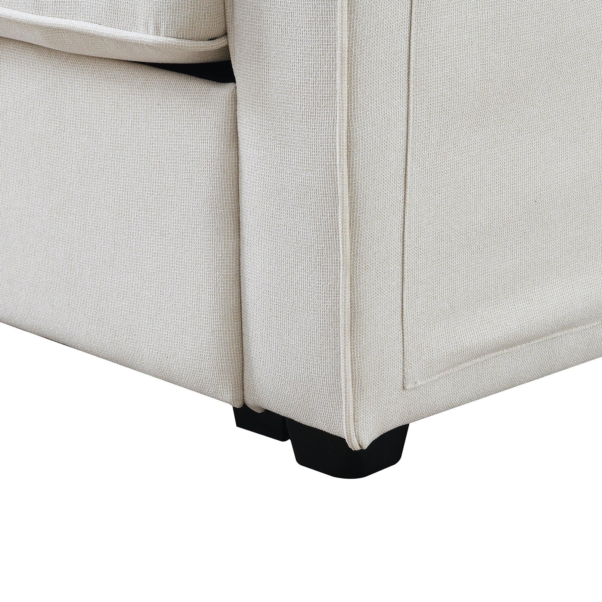 Modern 4-Seater Linen Fabric Sofa with Armrest Storage Pockets & 4 Throw Pillows - Minimalist Living Room Couch for Small Spaces, Apartments and Cozy Home Decor