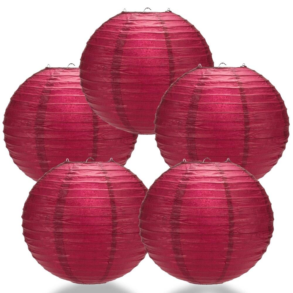 5 Pack 14 Inch Velvet Red Round Paper Lanterns with Even Ribbing - Chinese Hanging Decorations for Wedding, Party, Festival & Home Decoration