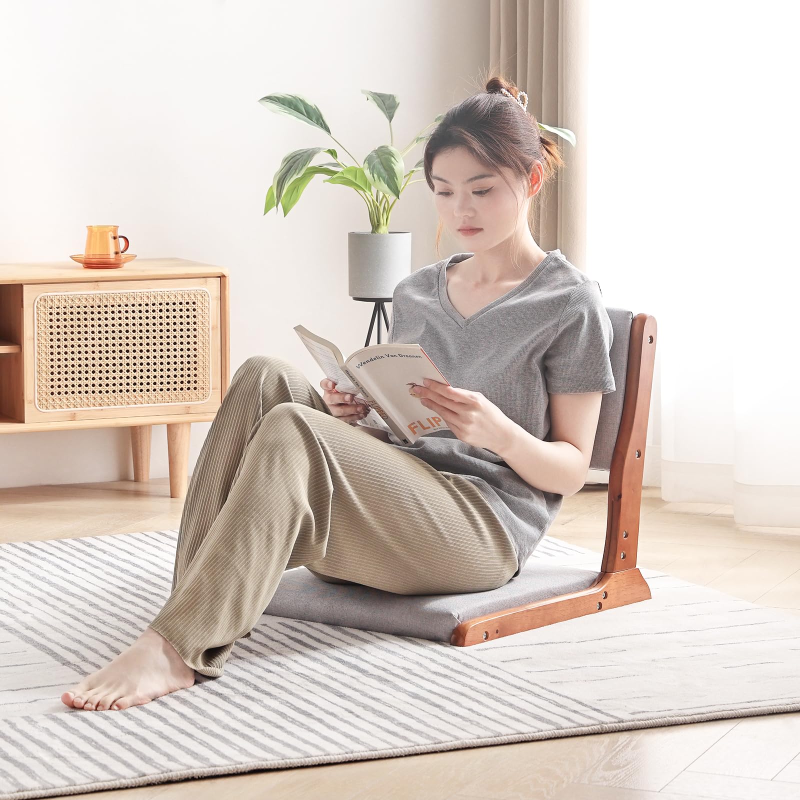Foldable Tatami Floor Chair - Japanese Style Wooden Legless Backrest with Cushion - Meditation & Accent Seating for Bay Window, Living Room & Zen Decor - Walnut Grey