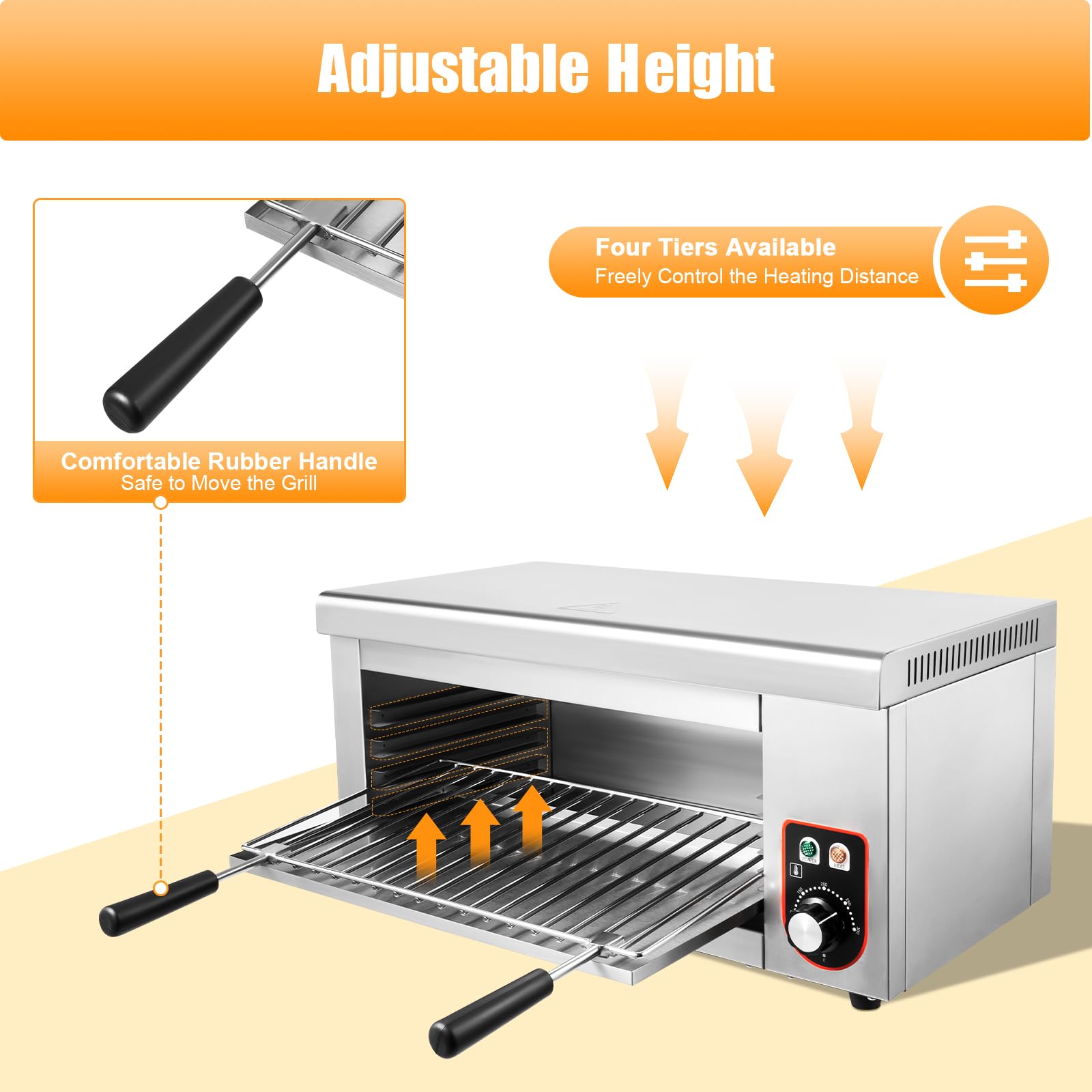 1500W Commercial Electric Cheese Melter & Salamander Broiler - Stainless Steel Steak Warmer with Adjustable Temperature (120-570°F) - Perfect for Restaurants, Pubs & Home Kitchens - Melts Cheese, Cooks Steaks & Roasts Chicken/Veggies - 110V US Plug