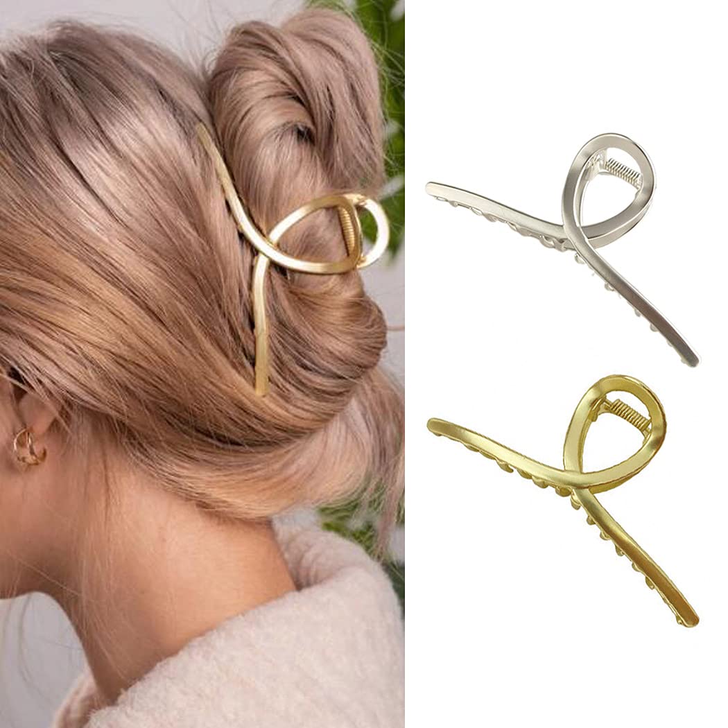 Gold Metal Hair Claw Clips for Women - 2PCS (Thick/Thin Hair) - Perfect for Work & Travel