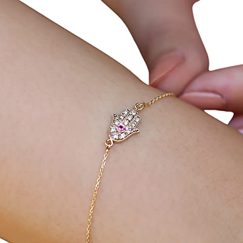 14K Gold Dainty Diamond Hamsa Hand of Fatima Bracelet - Protection Charm Jewelry for Women, Elegant Gift for Her - Perfect for Everyday Wear, Spiritual Protection & Special Occasions