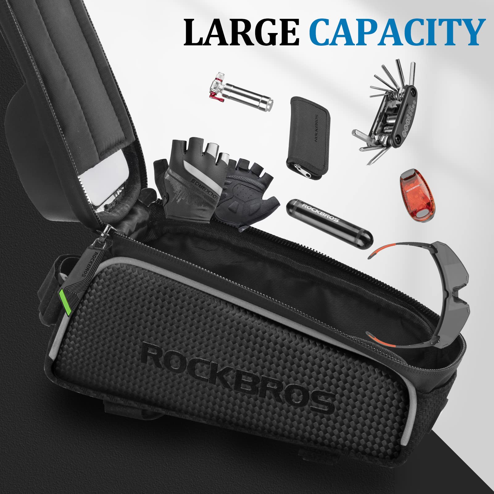 ROCKBROS Waterproof Bike Phone Frame Bag - Front Bicycle Storage Pouch with Built-in Headlight for Cycling, Commuting & Outdoor Adventures