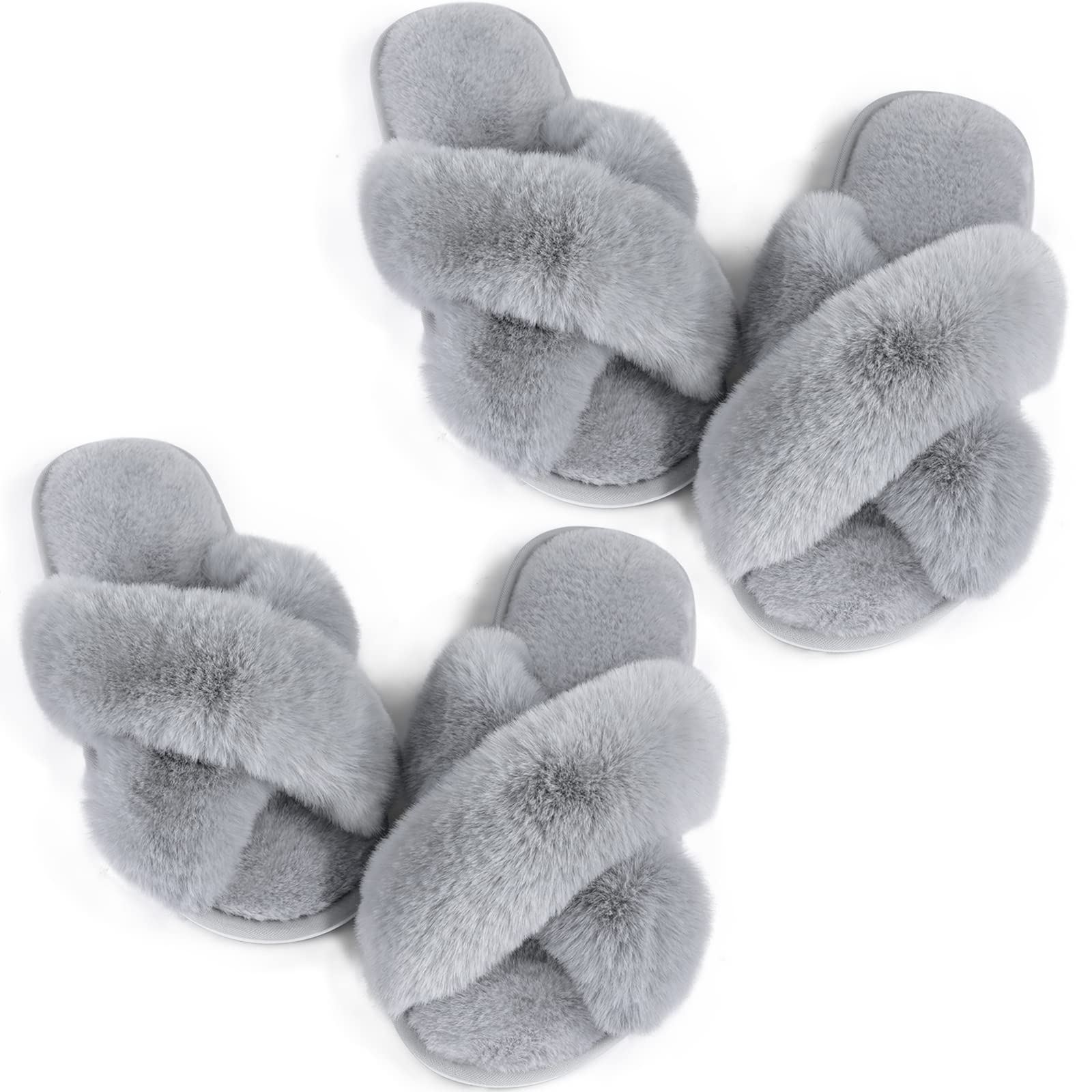 Ankis Women's Fuzzy Fluffy Slippers - 2 Pairs Cozy Soft Comfy House Slippers with Cross Band, Open Toe & Non-Slip Sole for Indoor/Outdoor Use - Perfect for Relaxing at Home, Lounging or Quick Errands