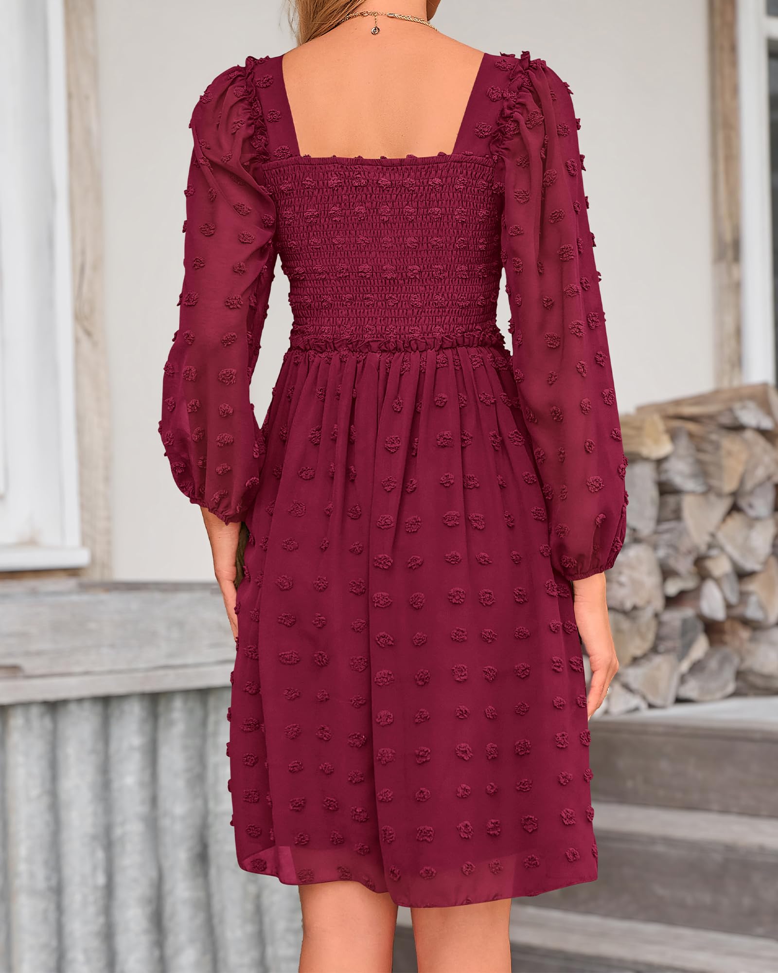 BTFBM Women's Floral Swiss Dot Square Neck Smocked Mini Dress - Long Sleeve Boho Wedding Guest Dress for Spring & Summer 2025 | Perfect for Garden Parties, Bridal Showers & Casual Events