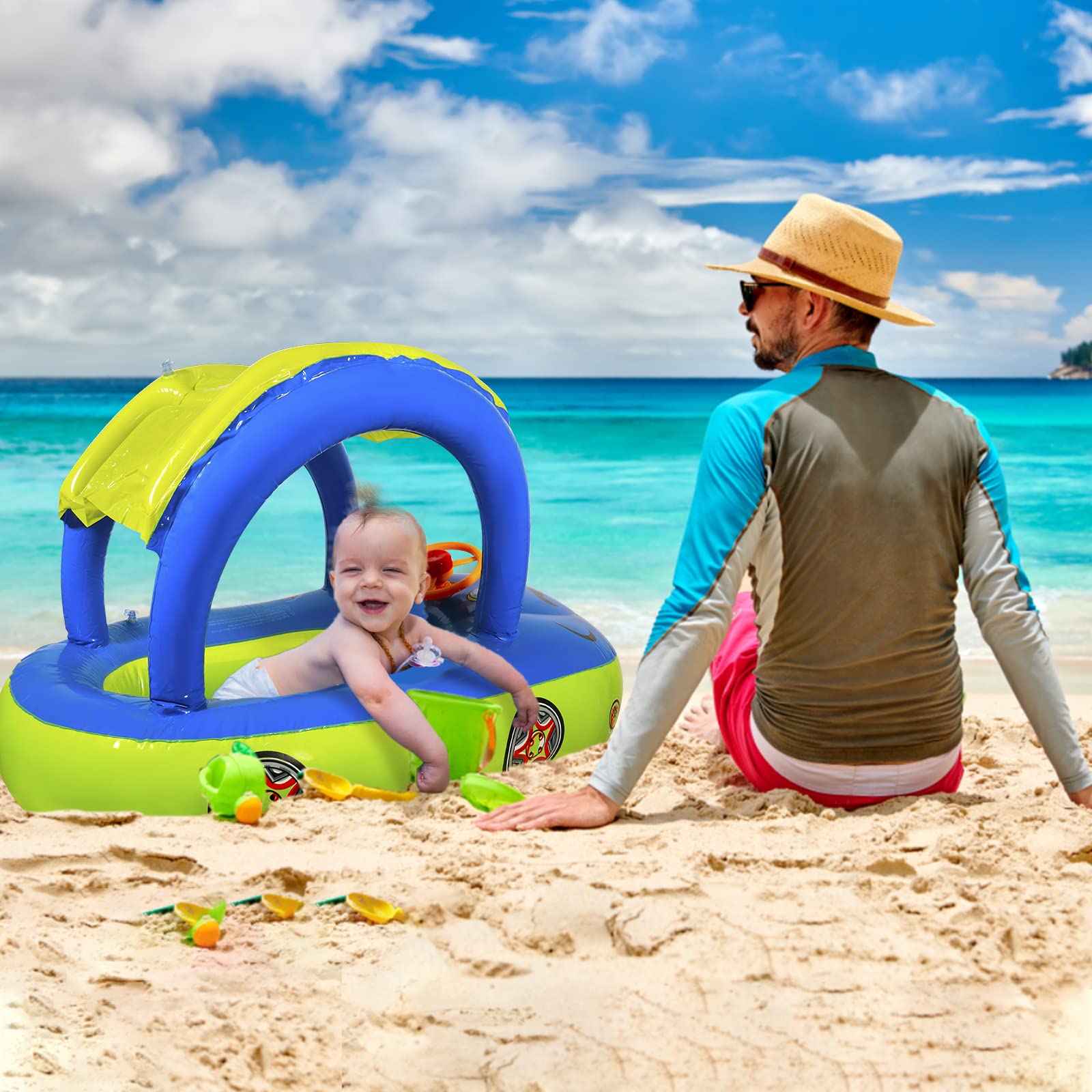 Baby Pool Float with UPF 50+ Canopy - Car Shaped Toddler Swim Float Boat, Infant Swim Ring for Summer Pool & Beach Play, Outdoor Water Fun for Kids