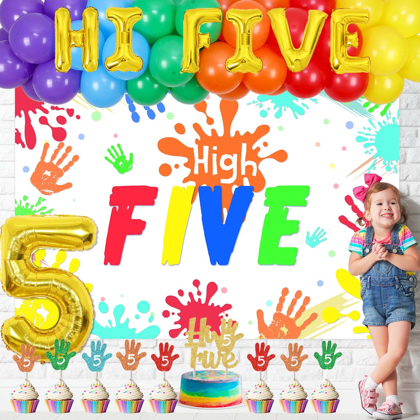 5th Birthday Party Decorations Set - Rainbow Balloons, High Five Backdrop, Number 5 Foil Cake Toppers for Boys & Girls | Perfect for 5-Year-Old Birthday Celebrations, Cake Smash Photos & Handprint Keepsakes