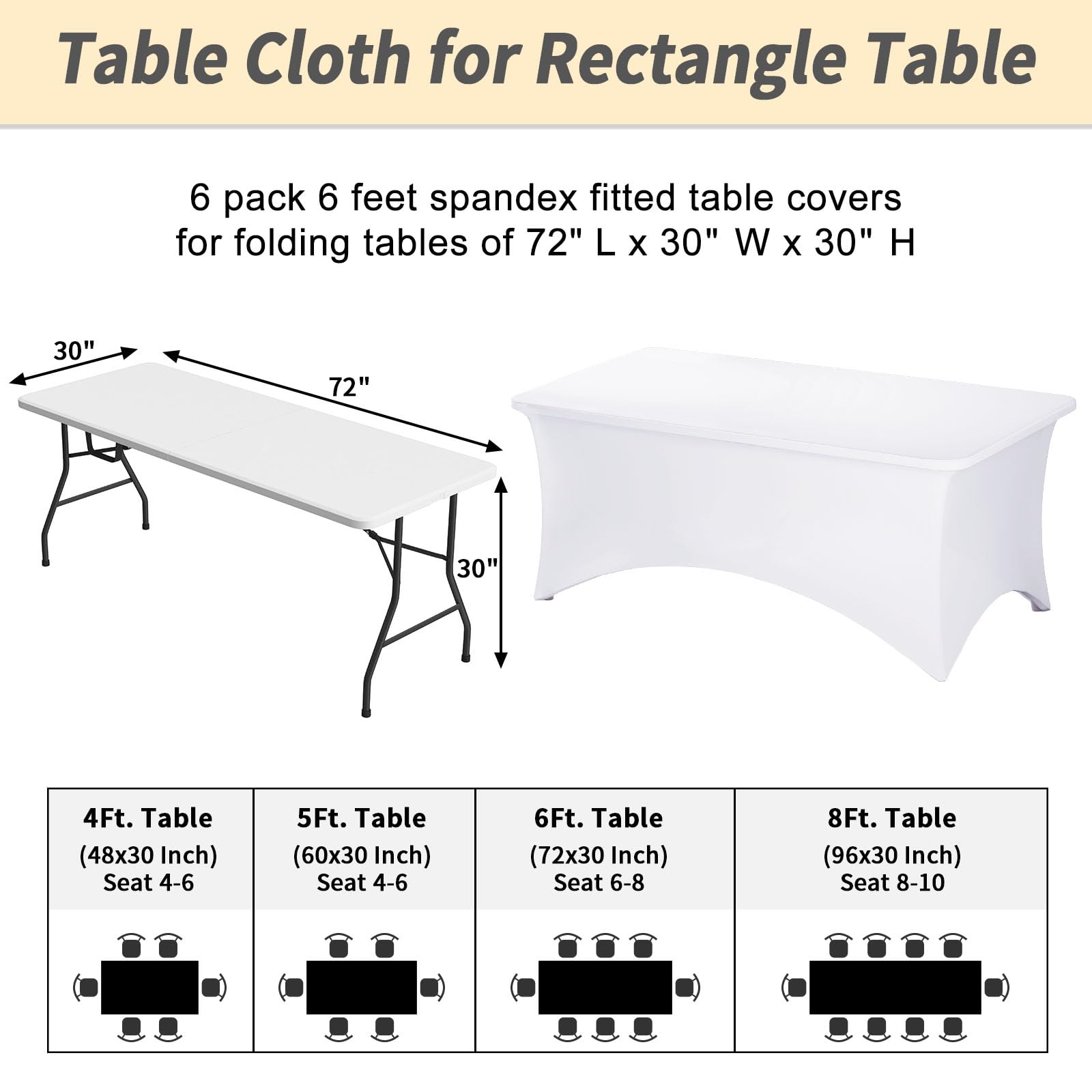 Fixwal 6 Pack White Rectangle Tablecloth Set - 6FT Stretchable Washable Table Cover (72x30x30 Inches) for Dining, Patio, Party & Outdoor Events