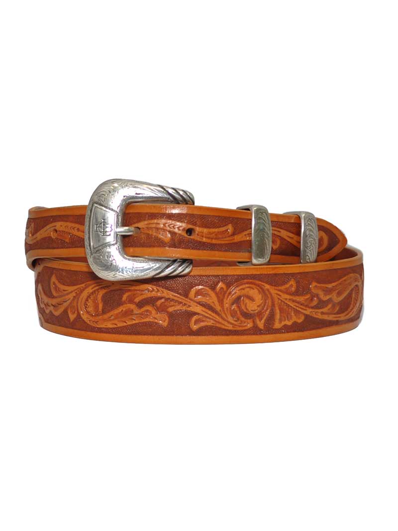 Lucchese W5672 Classic Western Belt for Men - Handcrafted in USA with Floral Tooled Design, Tan Leather - Perfect for Cowboy Boots, Rodeo & Western Fashion