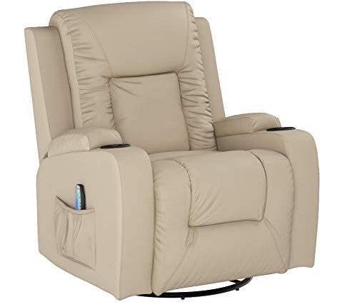 COMHOMA PU Leather Recliner Chair with Heat & Massage - Swivel Rocking Chair for Adults, Ergonomic Single Sofa Seat with Cup Holders & Side Pockets - Perfect for Living Room, Bedroom, Home Theater & Office (White)