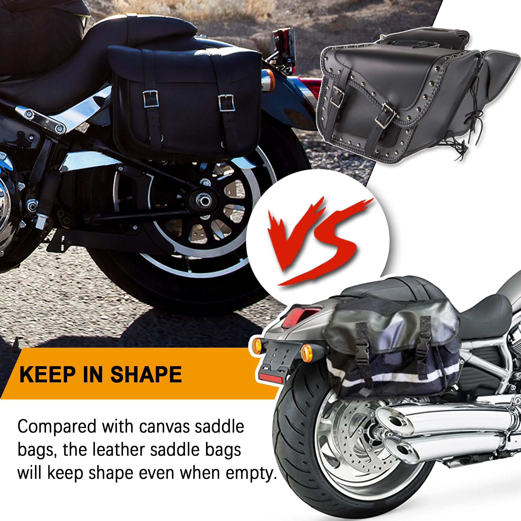 Faux Leather Motorcycle Saddle Bags with Studs - Universal Throw Over Side Bags for Honda Shadow, Sportster, Softail, Dyna & V-star (Black & Grey) - Waterproof PVC Storage for Cruiser Bikes, Road Trips & Daily Commuting