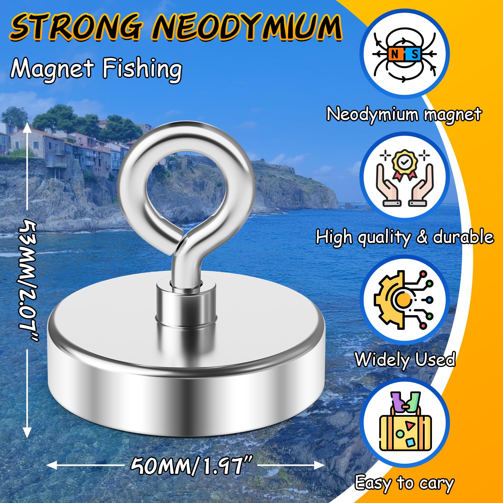 Grtard Super Strong Neodymium Fishing Magnet 300 lbs (136 KG) Pulling Force - Rare Earth Magnet with Countersunk Hole Eyebolt - 1.97 inch (50mm) Diameter for River Treasure Hunting, Magnetic Fishing & Metal Retrieval - Perfect for Underwater Search, Salvage Operations & DIY Projects