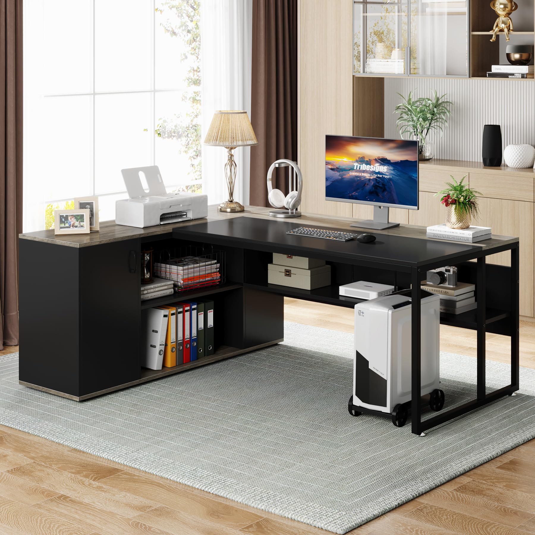 Tribesigns 71 Inch L-Shaped Executive Desk with Cabinet Storage & Shelves - Modern Home Office Workstation for Business & Remote Work (Gray) | Perfect for Small Spaces & Productivity Setup