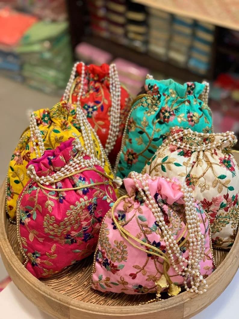 IGH Embroidered Silk Pouch Bag - Designer Women's Potli Clutch Purse with Handle for Festivals, Weddings & Special Occasions | Perfect Gift for Women, Brides & Party Accessories