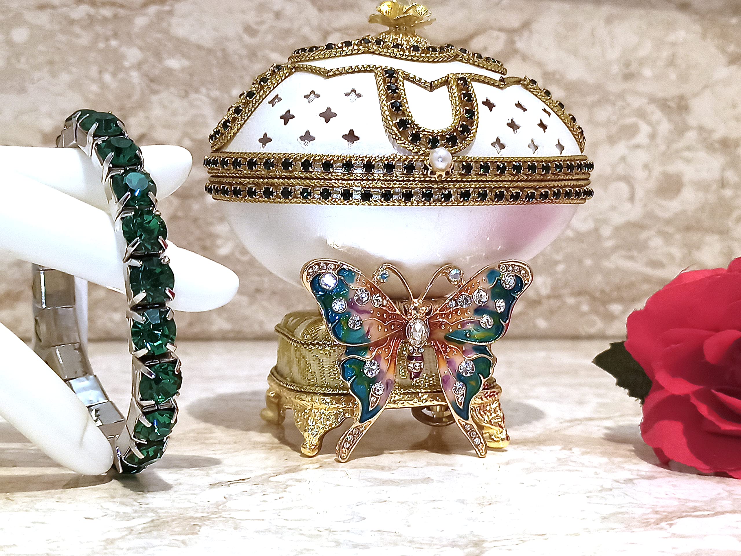 Handcrafted 24K Gold Butterfly Jewelry Box - Real Emerald Crystal Gem Faberge Egg Treasure Box | Unique Music Box Gift for Teenagers, Birthday, Christmas | Perfect for Jewelry Storage & Decorative Home Accent