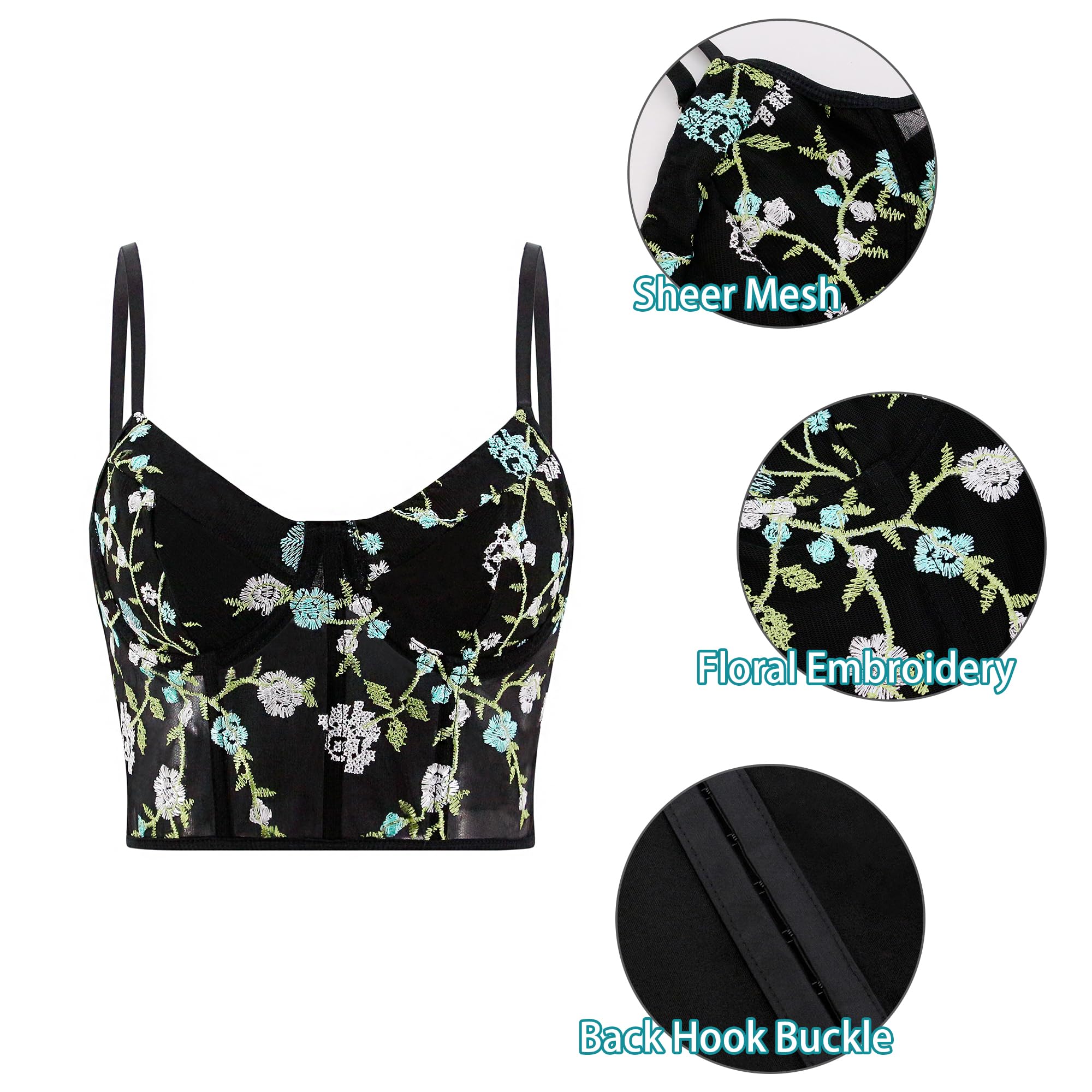 Floral Embroidery Corset Crop Top for Women - Sheer Mesh Bustier with Push Up, Fashion Slim Tank Top for Party, Date Night & Summer Outfits