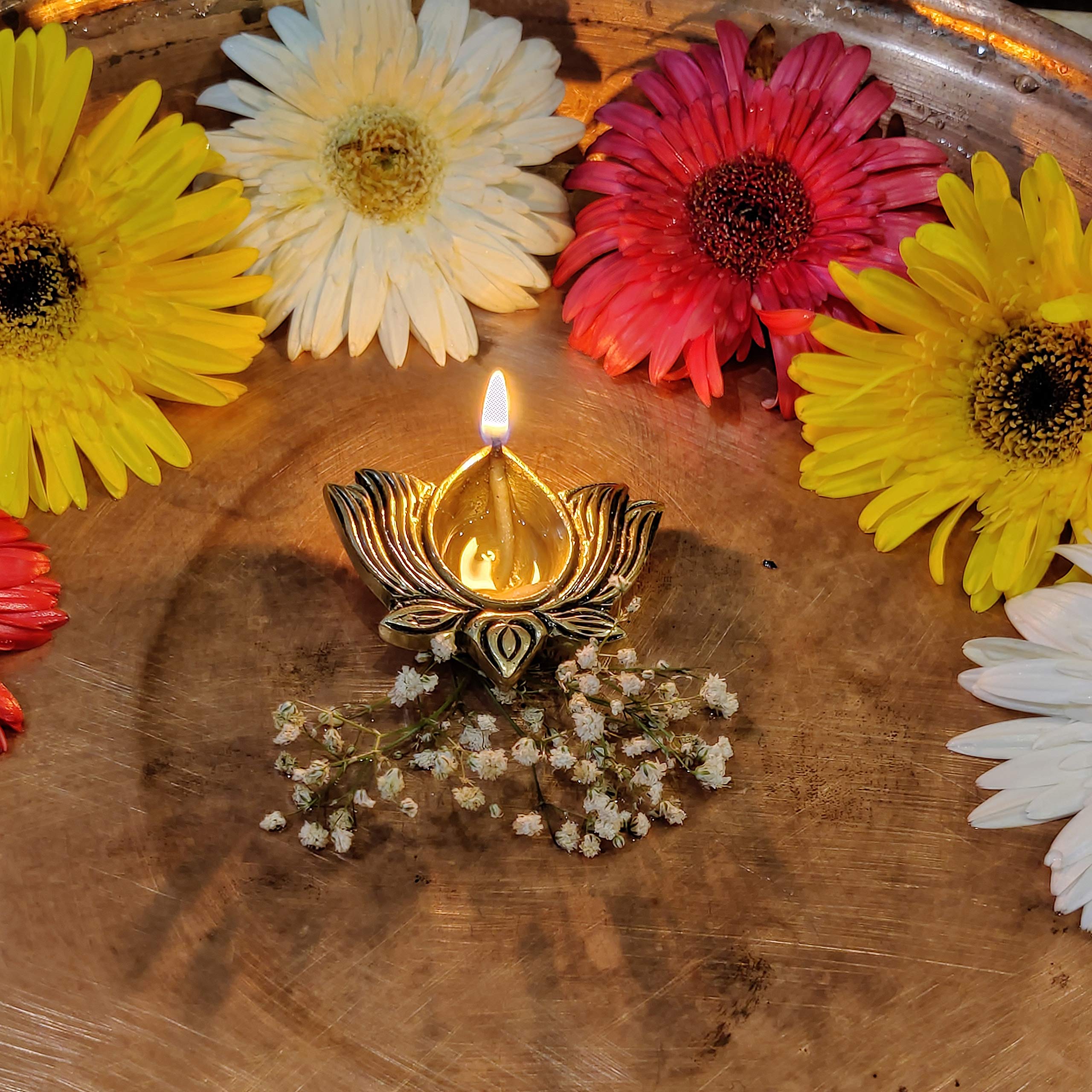 Authentic Indian Diwali Brass Oil Lamp Set of 10 - Handcrafted Pooja Diya for Hindu Puja, Mandir & Home Decor - Gold Finish Diyas with Wicks for Festival, Wedding & Spiritual Ceremonies