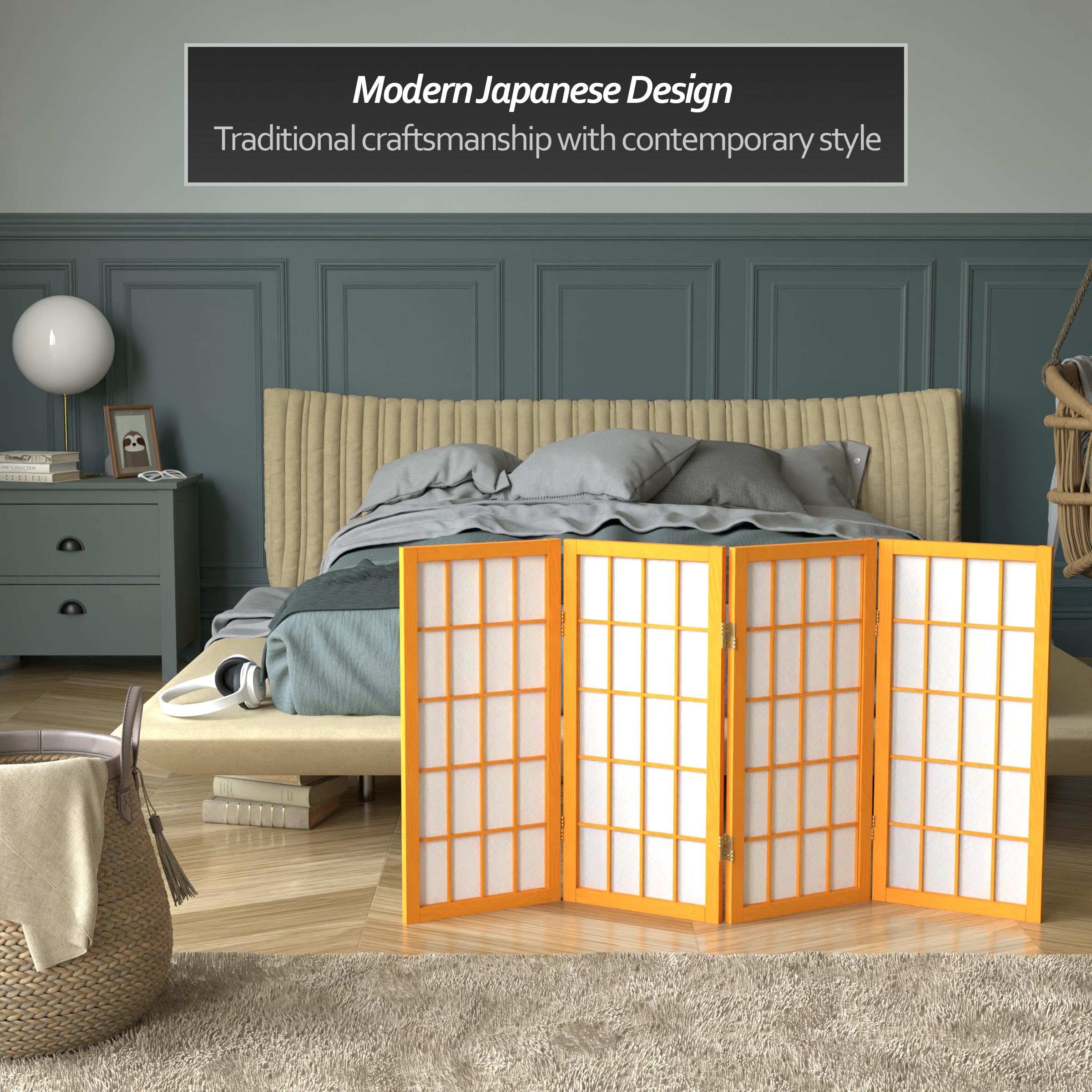 2 ft. Short Honey-Colored Desktop Shoji Screen - 4-Panel Japanese Room Divider - Perfect for Home Office, Meditation Space & Room Partition