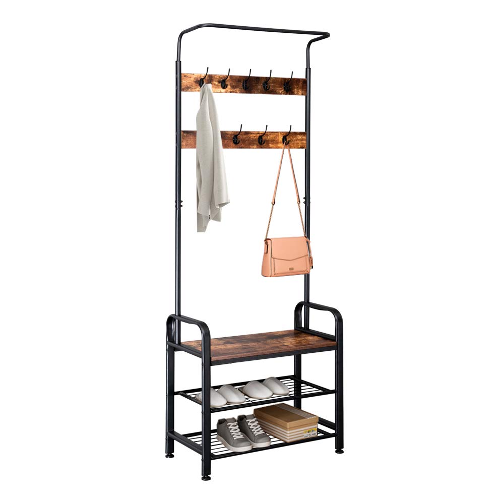 GUOXY Industrial Vintage Coat Rack with Shoe Bench & Storage Shelf - 3-in-1 Entryway Organizer for Hallway, Mudroom, and Home Decor