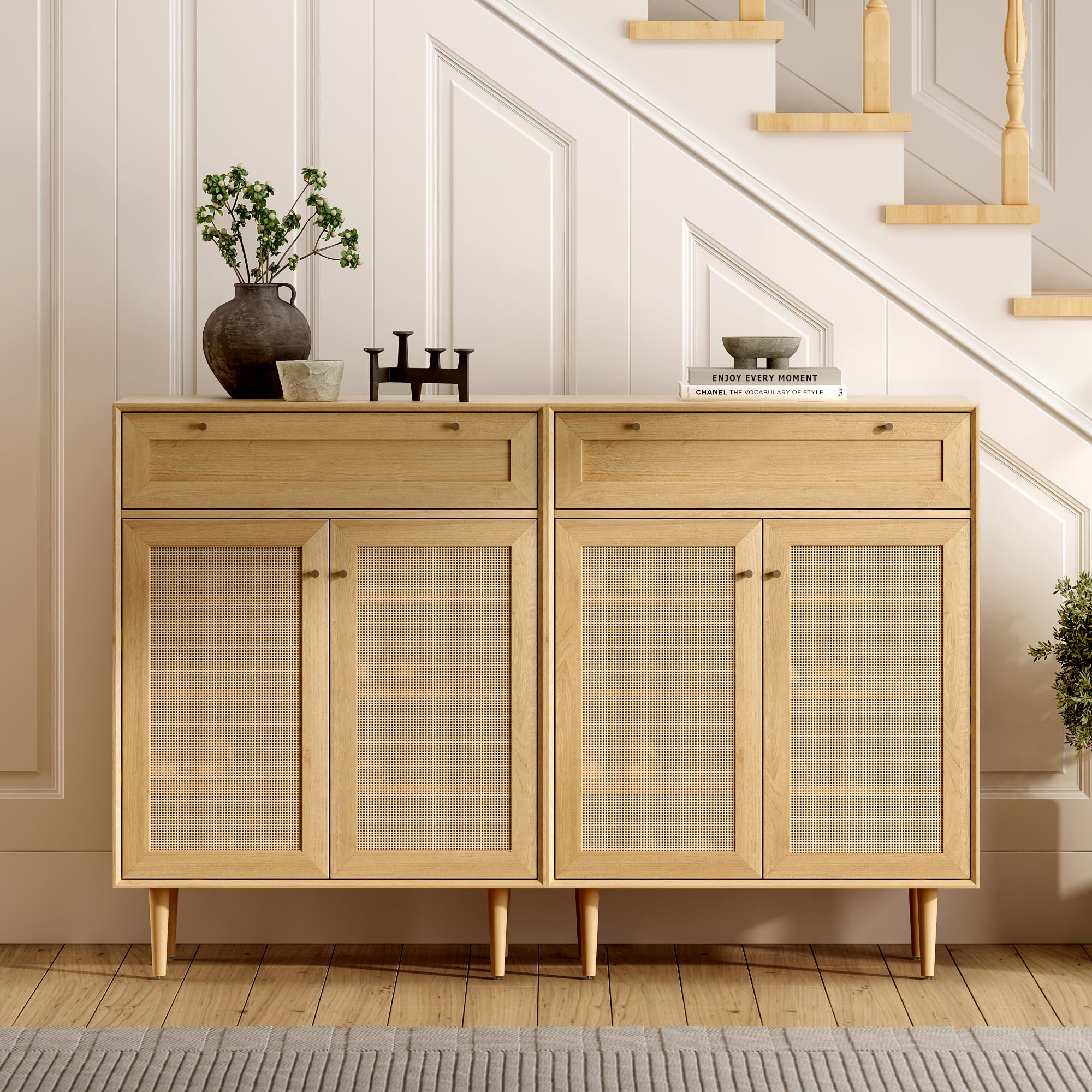 Modern Rattan Shoe Cabinet with Drawer & Doors - Large Freestanding Shoe Storage Organizer with Adjustable Shelves & Anti-Tip Design - 4-Tier Natural Oak Shoe Rack for Entryway, Bedroom, or Closet Organization - Farmhouse Style Home Decor
