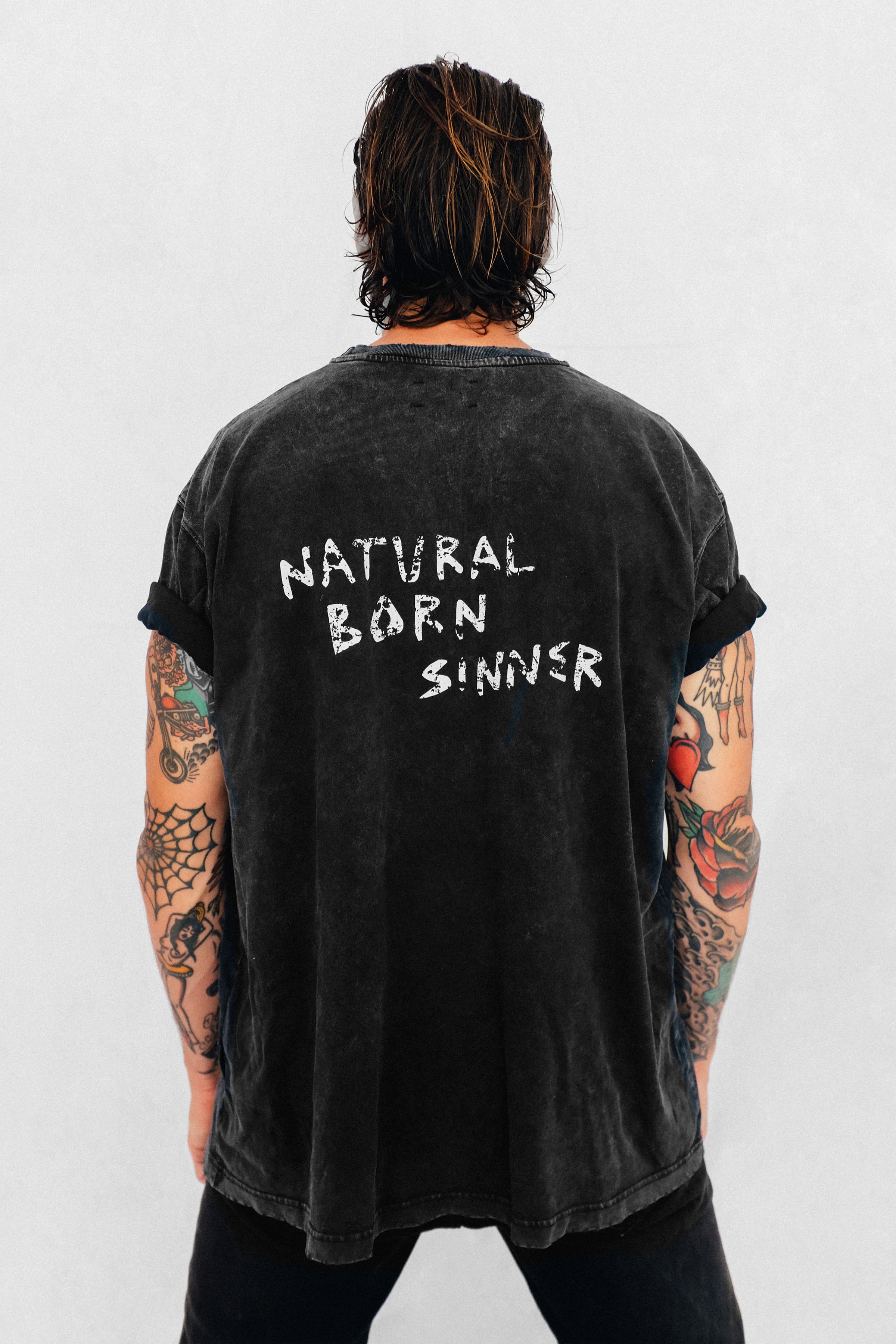 Natural Born Sinner Graphic T-Shirt for Men | Soft Cotton Streetwear Tee | Casual Outfit & Urban Fashion Statement