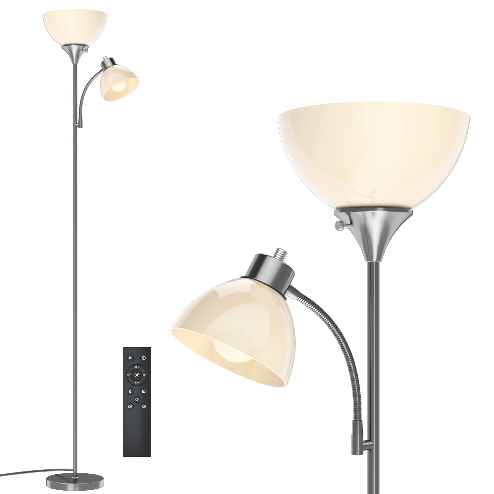 **Remote Control LED Floor Lamp - 4 Color Temperatures & Adjustable Reading Light, Brushed Nickel Torchiere Standing Lamp for Bedroom, Living Room, Office - Bulb Included**    *(Perfect for Reading, Relaxing, or Adding Ambient Lighting to Any Space)*