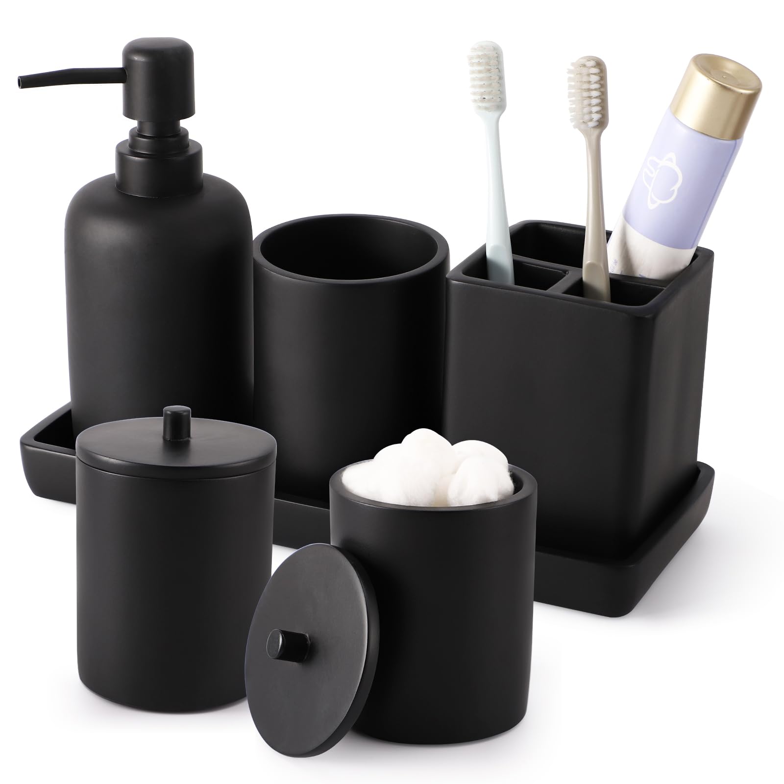 6-Piece Black Resin Bathroom Set - Toothbrush Holder, Soap Dispenser, 2 Q-Tip Holders, Vanity Tray & Tumbler - Countertop Organizer for Modern Bathrooms - Perfect for Guest Baths & Master Suites