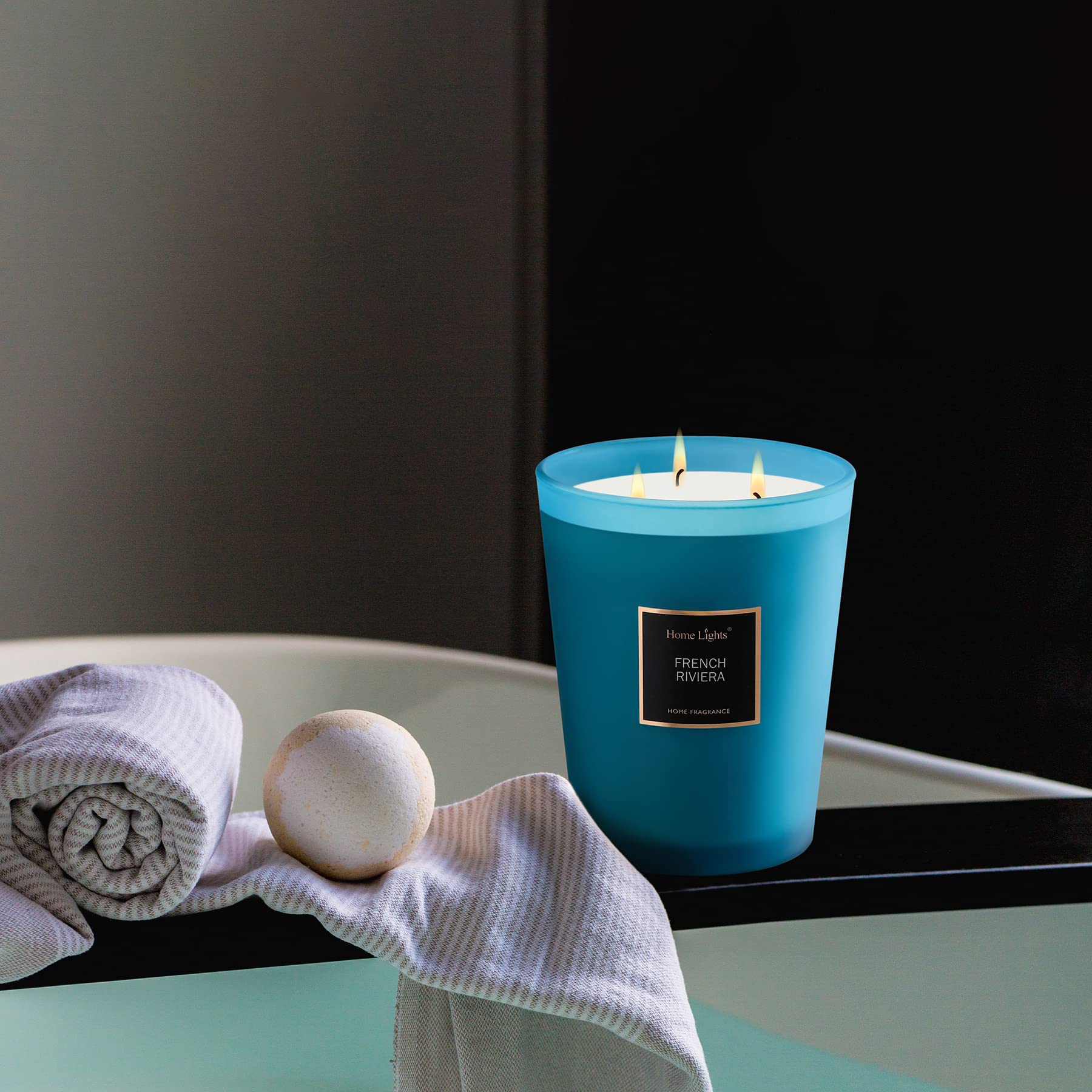 HomeLights Scented Candles - 33.3oz Large Jar Aromatherapy Soy Candle with 3 Cotton Wicks | 130-Hour Burn Time | French Riviera Fragrance | Home Decor & Relaxation Gift for Spa, Bedroom & Living Room