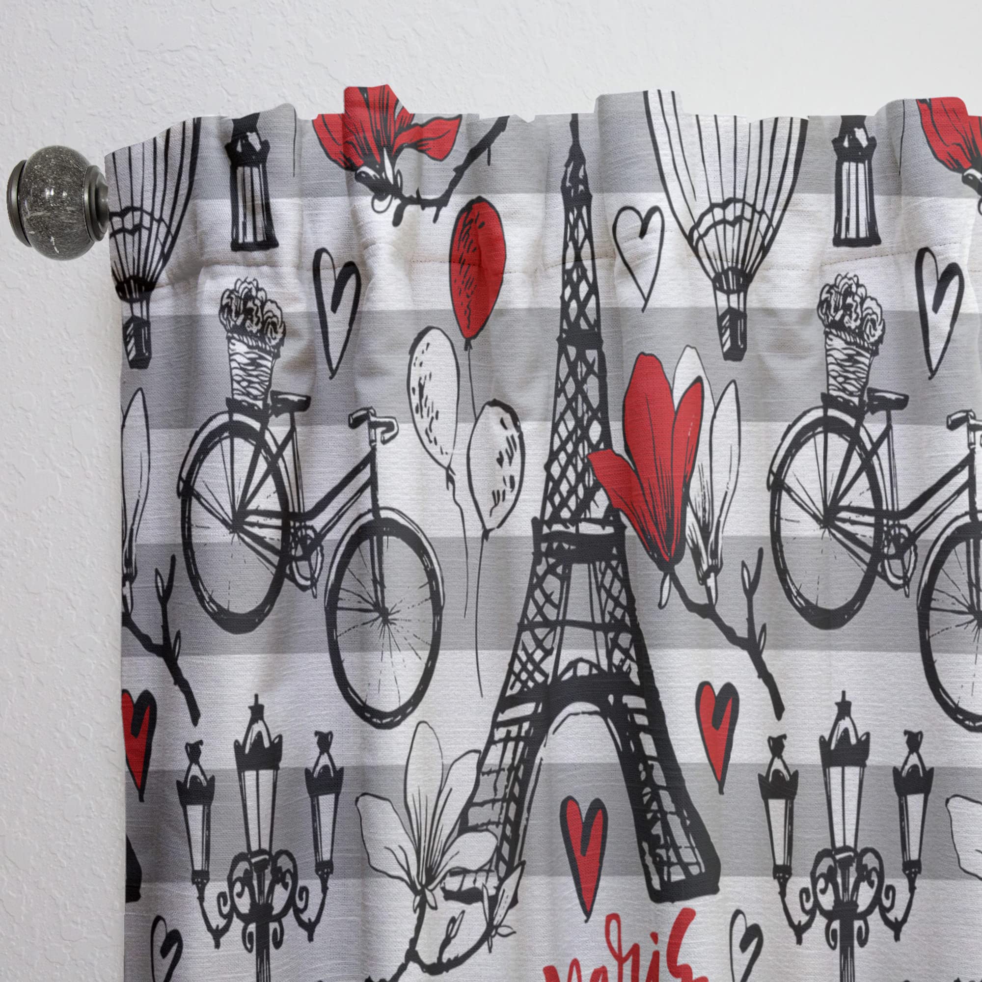 DesignQ Thermal Insulated Blackout Curtains - Paris Eiffel Tower & Red Hearts Pattern - 52x95 Inch Single Panel for Bedroom & Living Room - Perfect for Home Decor, Privacy & Temperature Control