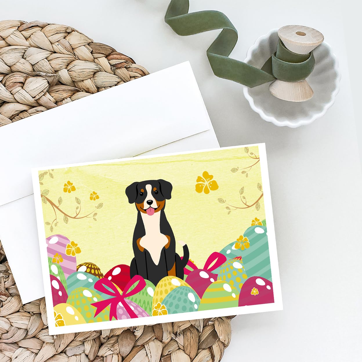 Easter Eggs Entlebucher Blank Greeting Cards - Pack of 8 A7 Size 5x7 Note Cards with Envelopes | Whimsical Design for Easter Celebrations, Holiday Greetings & Special Occasions
