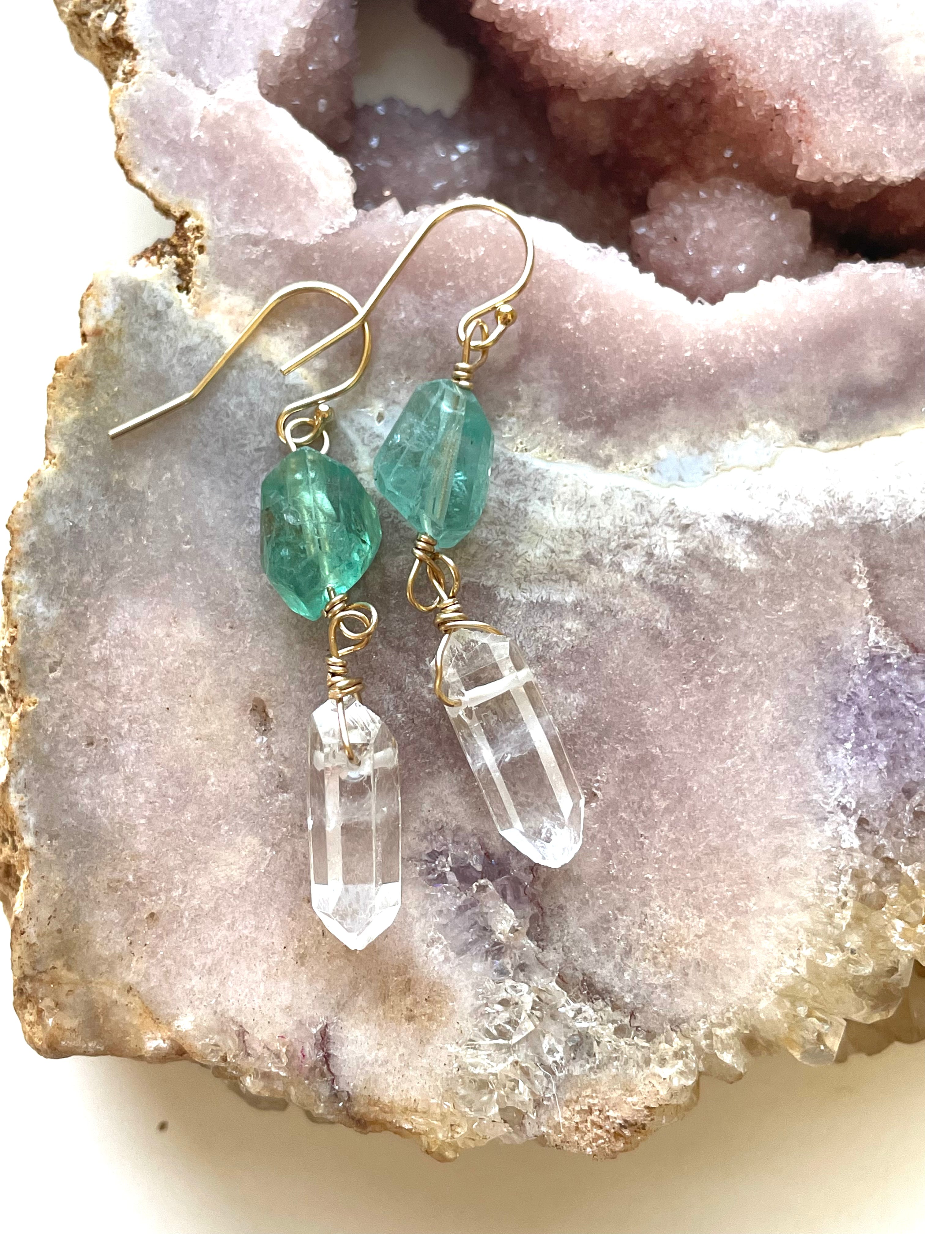 Natural Apatite & Clear Quartz Crystal Earrings in 14K Gold Fill - Elegant Healing Jewelry for Women, Perfect for Everyday Wear, Meditation & Gifting