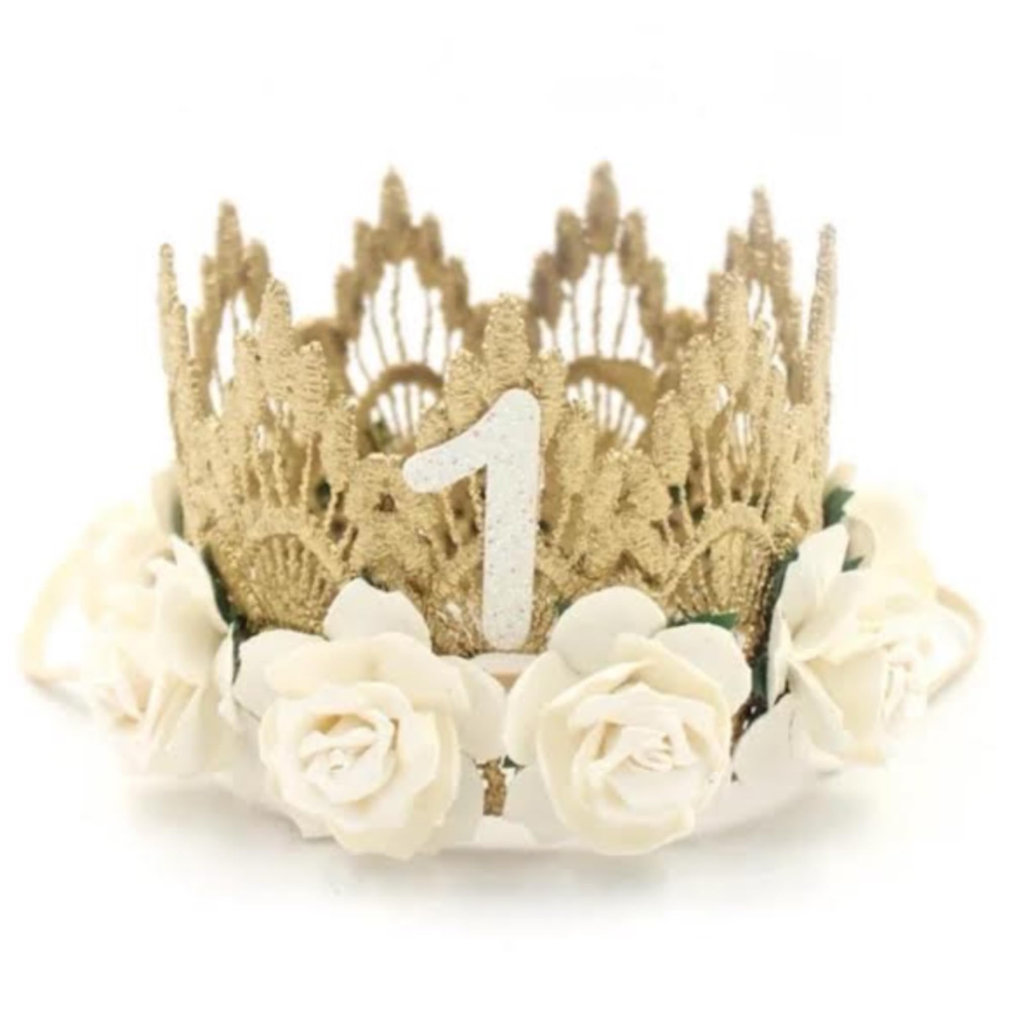 LOVECRUSH 1st Birthday Gold Lace Crown with White Roses - Number One Birthday Tiara for Baby Girls & Toddlers | Perfect for 1st Birthday Parties, Photo Shoots & Special Occasions