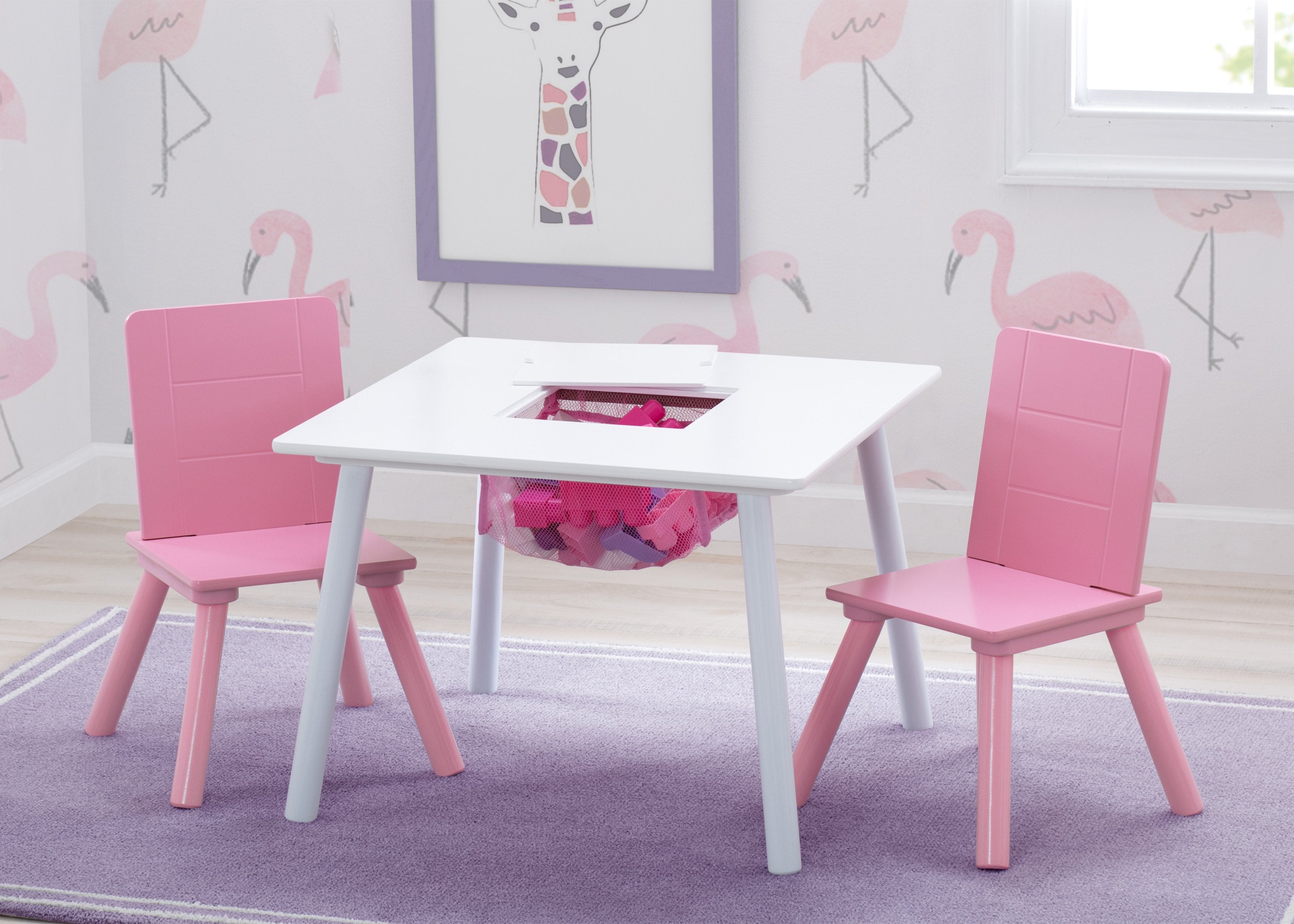 Kids Table and Chair Set with Storage - 2 Chairs Included - Wooden Study Desk for Children's Playroom, Homeschooling & Arts & Crafts Activities
