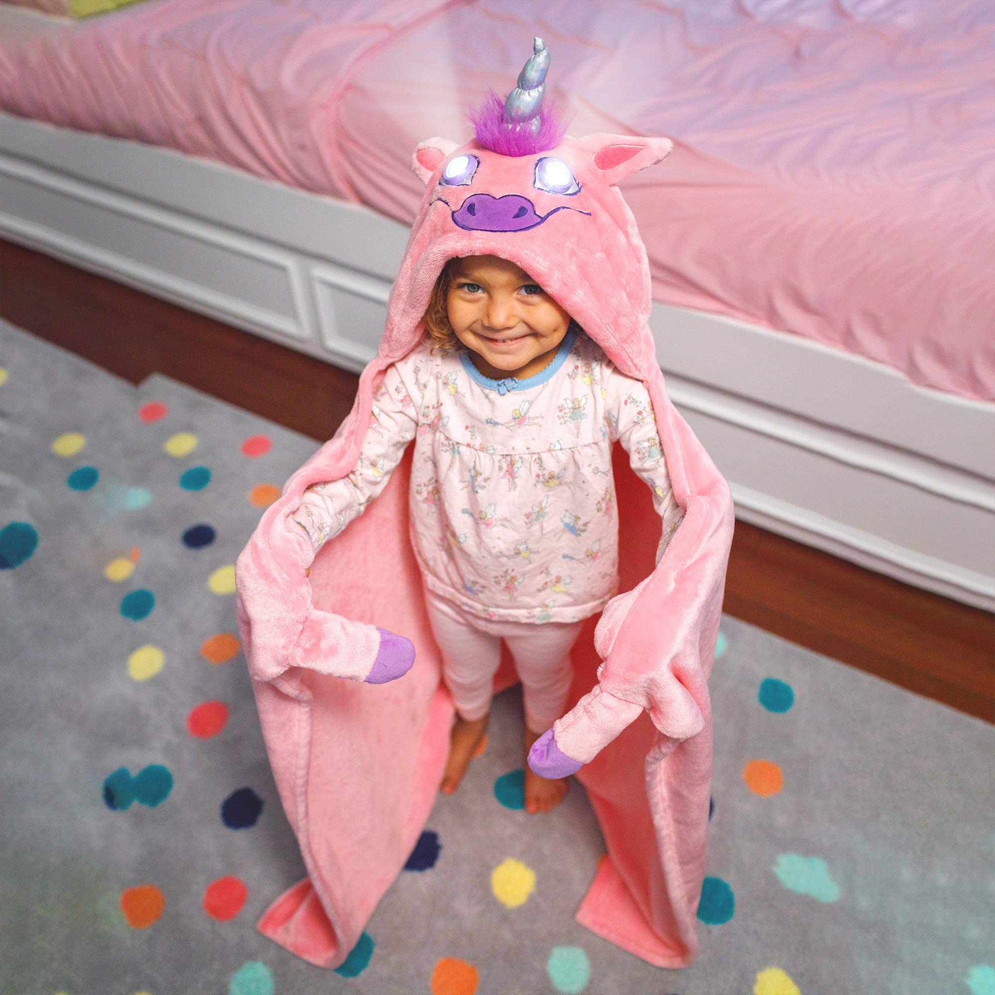 2021 Version Bright Eyes LED Blanket - Ultra Soft Hooded Blanket for Kids | Unicorn & Animal Print | Machine Washable | Perfect for Bedtime, Movie Nights & Cozy Lounging