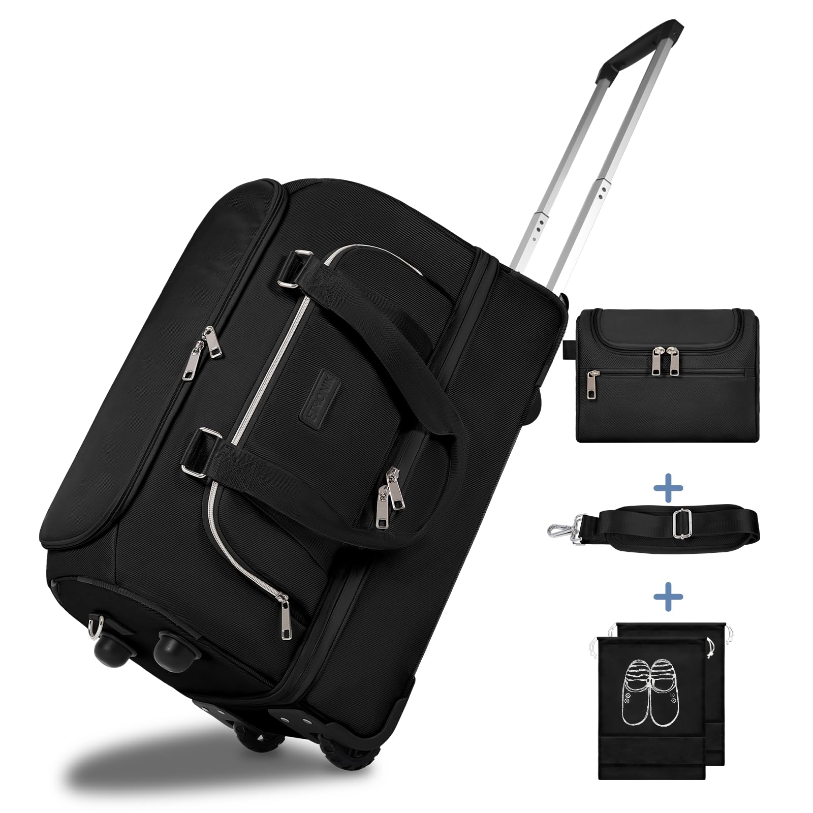 ETRONIK Large Rolling Duffle Bag with Wheels - Waterproof Travel Suitcase for Men & Women with Shoe Compartment & Adjustable Strap - Perfect for Weekend Getaways, Business Trips & Overnight Travel (Black)