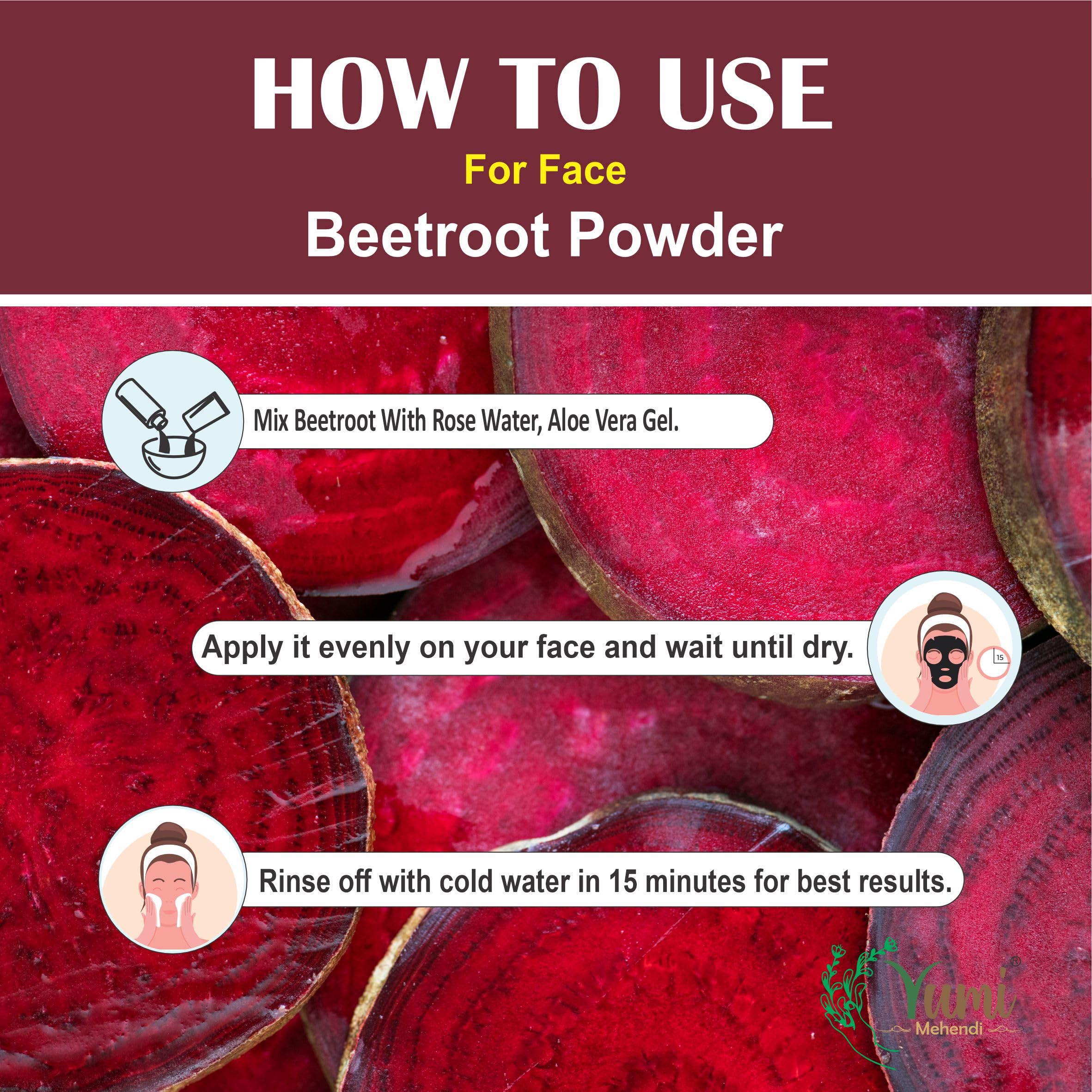 Yumi Mehendi 100% Pure Natural Beetroot Powder for Face, Skin & Hair Care - 100g Chemical-Free | Brightening Face Mask for Glowing Skin | DIY Beauty Treatments & Organic Skincare Routine