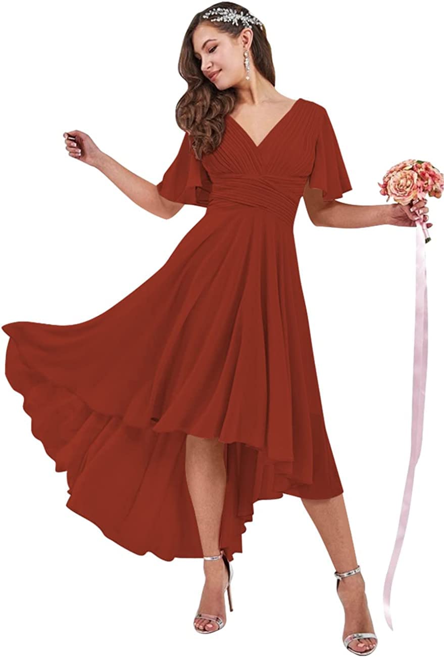 DDIFLYCR Women's Elegant V-Neck High-Low Chiffon Bridesmaid Dress with Flutter Sleeves - Prom Party Gown, Wedding Guest Dress - Perfect for Bridal Showers, Formal Events & Special Occasions