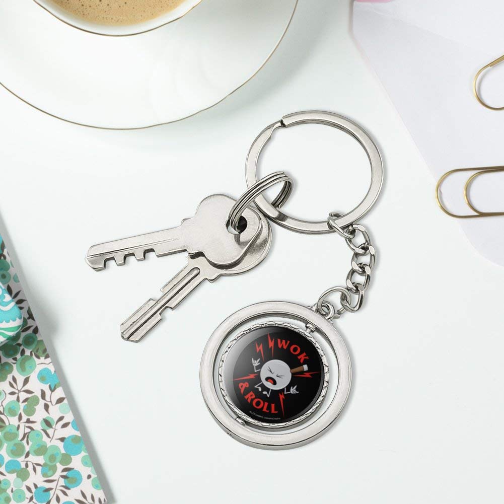 GRAPHICS & MORE Wok and Roll Rock Funny Humor Spinning Keychain - Chrome Plated Metal Novelty Gift for Chefs, Music Lovers & Joke Enthusiasts - Perfect for Kitchen, Parties & Everyday Carry
