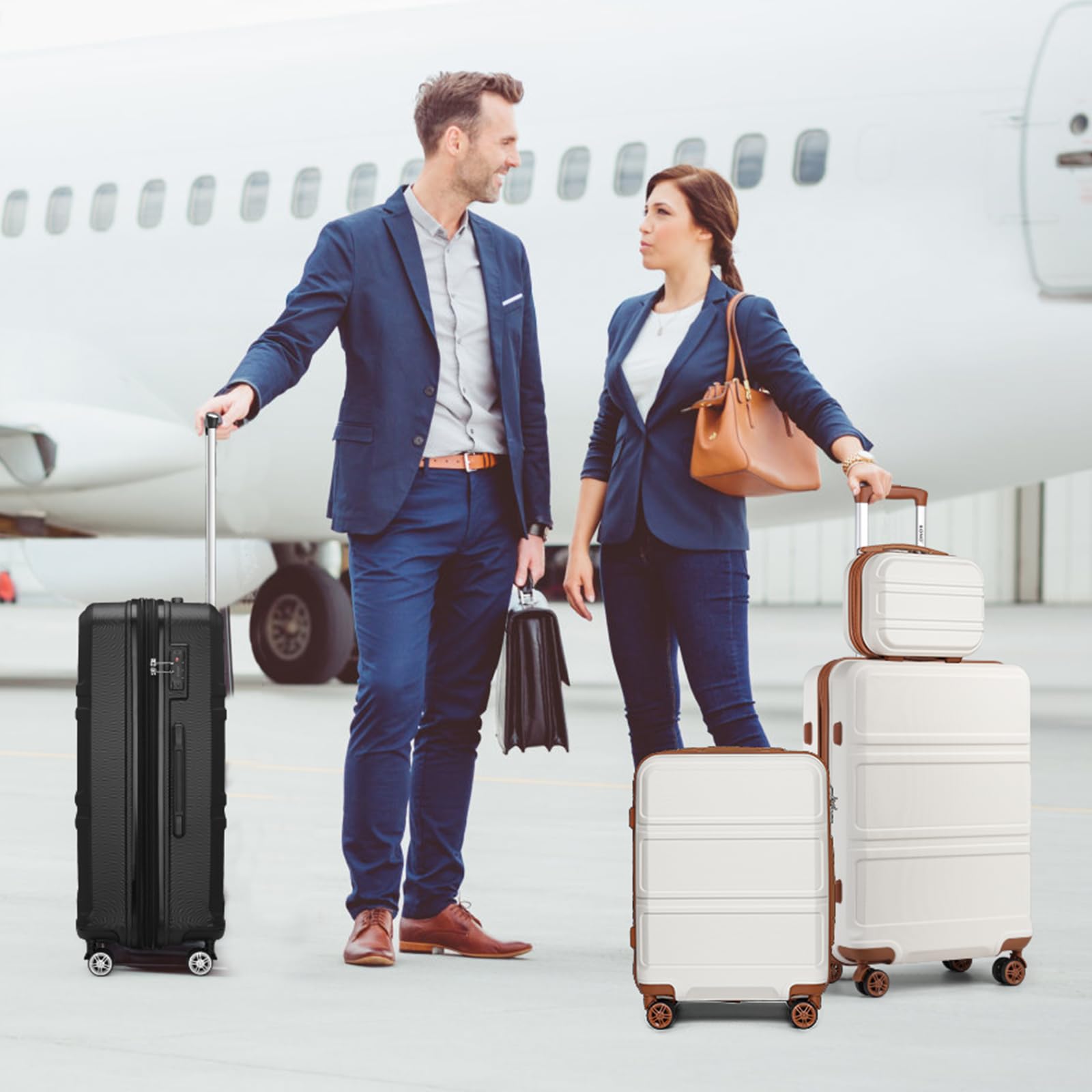 Kono 3-Piece Expandable Lightweight Hardside Luggage Set with Spinner Wheels & TSA Lock (20in, 24in, 28in Carry-On) - Cream White | Perfect for Business Travel, Family Vacations & International Trips