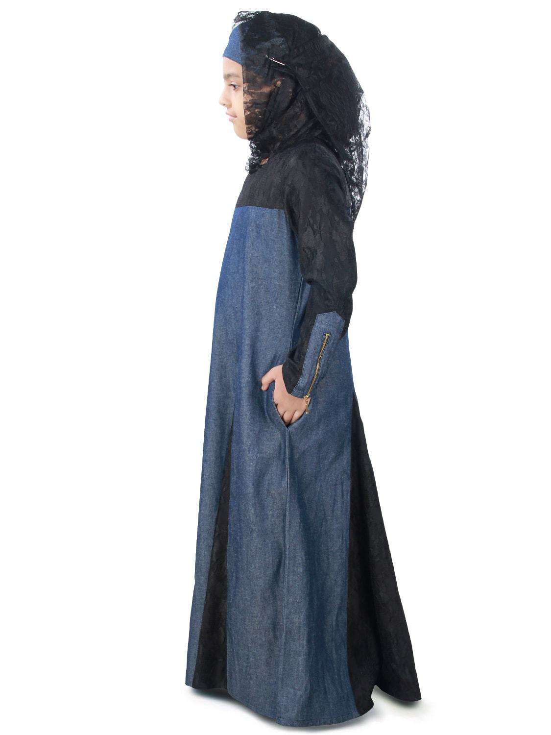 Farizah Denim Kids Abaya Dress - Islamic Modest Clothing for Girls - Perfect for Eid, Prayer & Special Occasions