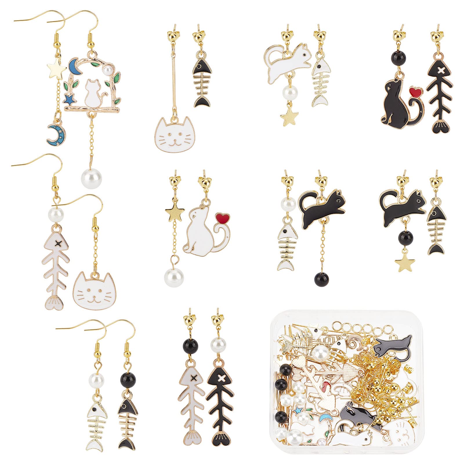 SunnyClue 10-Pair Cat Earrings DIY Starter Kit - Dangle Earrings Making Supplies with Glass Beads & Fish Bone Charms for Jewelry Crafting | Perfect Gift for Women, Beginners & Pet Lovers (Great for Parties, Craft Workshops & Personalized Jewelry Making)