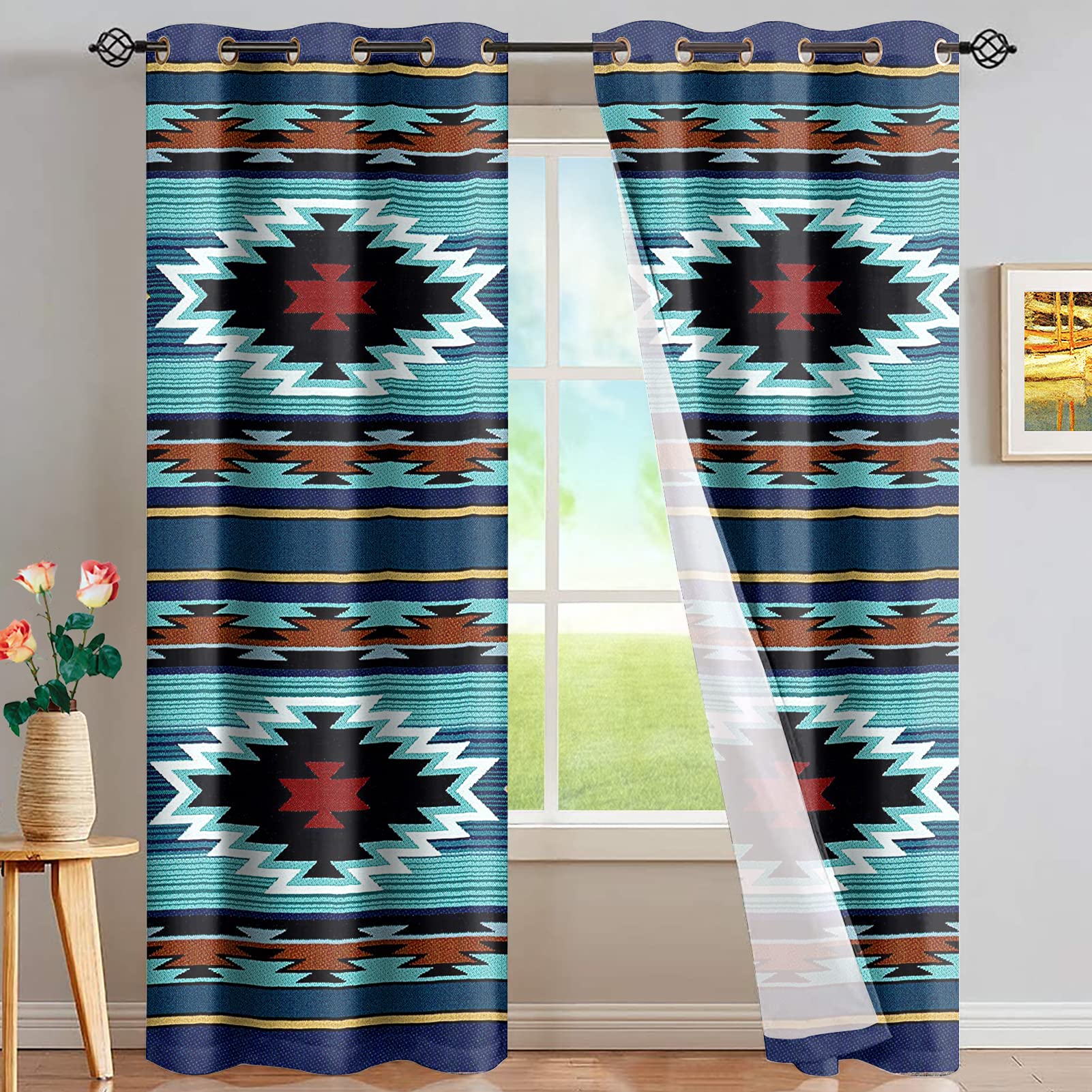 Southwestern Curtains Set of 2 - Thermal Insulated Blackout Window Curtains with Native Indian Tribal Navajo Pattern in Turquoise Blue, Perfect for Living Room & Bedroom Decor