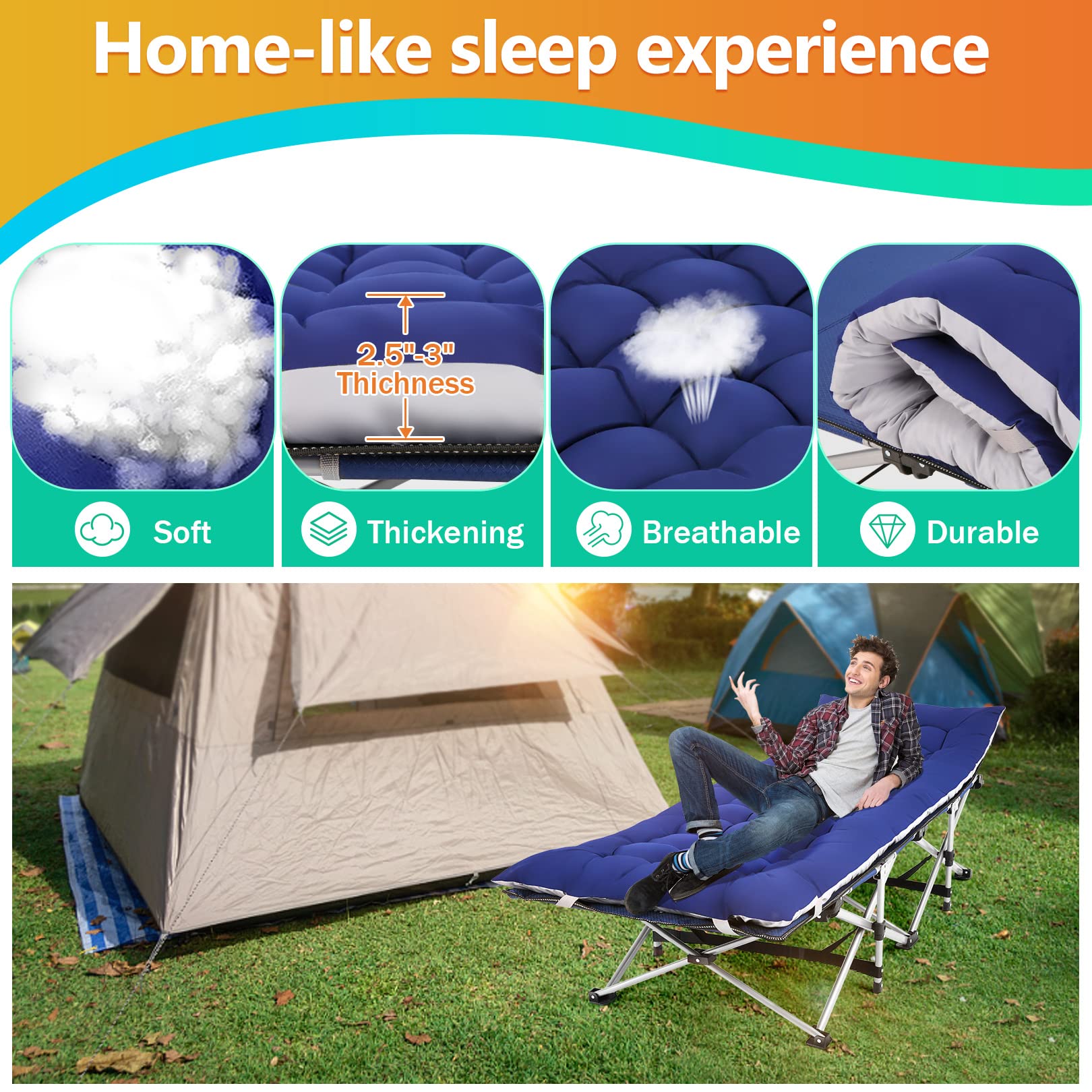 Homdox Portable Folding Camping Cot - Adjustable Reclining Chaise Lounge with Pillow for Adults - Outdoor Sleeping Cot & Lounge Chair for Camping, Beach, Pool, Patio - Perfect for Relaxing, Sunbathing & Outdoor Adventures