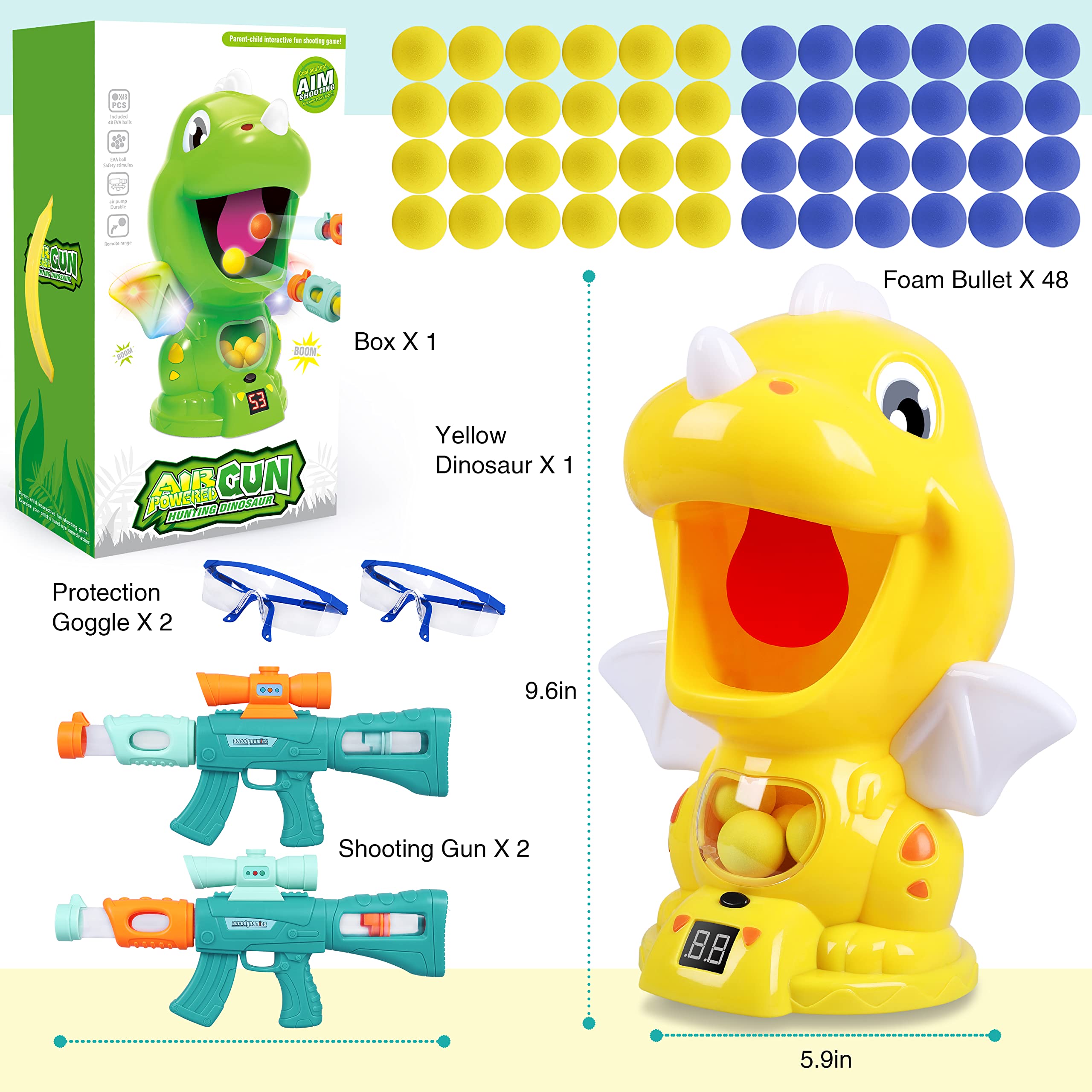 Dinosaur Shooting Game Toy for Kids - Electronic Target Practice with 48 Foam Balls, Score Record, Sound & LED Lights | Fun Birthday Party Gift for Boys & Girls Ages 3-8 | Indoor & Outdoor Play Activity