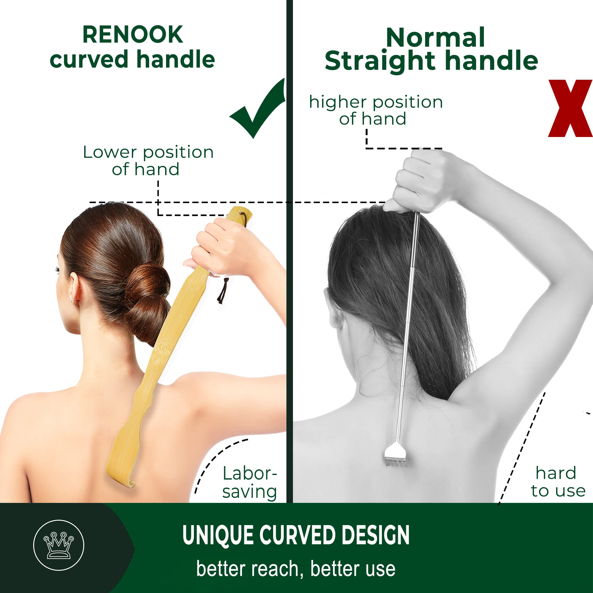 Renook 17'' Bamboo Back Scratcher for Men, Women & Kids - 2 Pack Wooden Long Handle Itch Relief Tool - Perfect Gift for Elderly, Adults & Children - Use at Home, Office or Travel