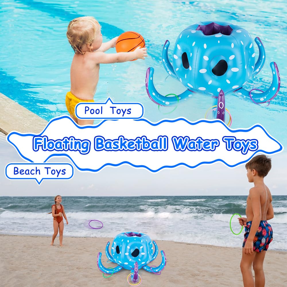 **Inflatable Pool Basketball Hoop & Ring Toss Game - 2-in-1 Floating Water Toys for Kids & Adults, Fun Summer Outdoor Pool Party Games, Perfect for Backyard, Beach & Swimming Pool Activities**